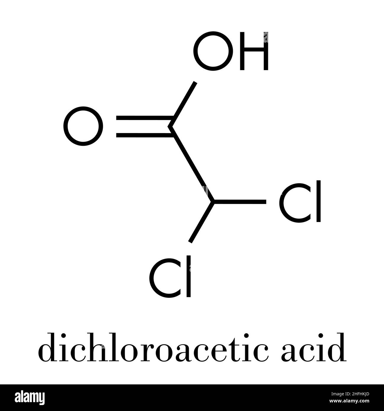 Dichloroacetic acid (DCA). Dichloroacetate salts inhibit the enzyme pyruvate dehydrogenase kinase and are evaluated in the treatment of cancer. Skelet Stock Vector