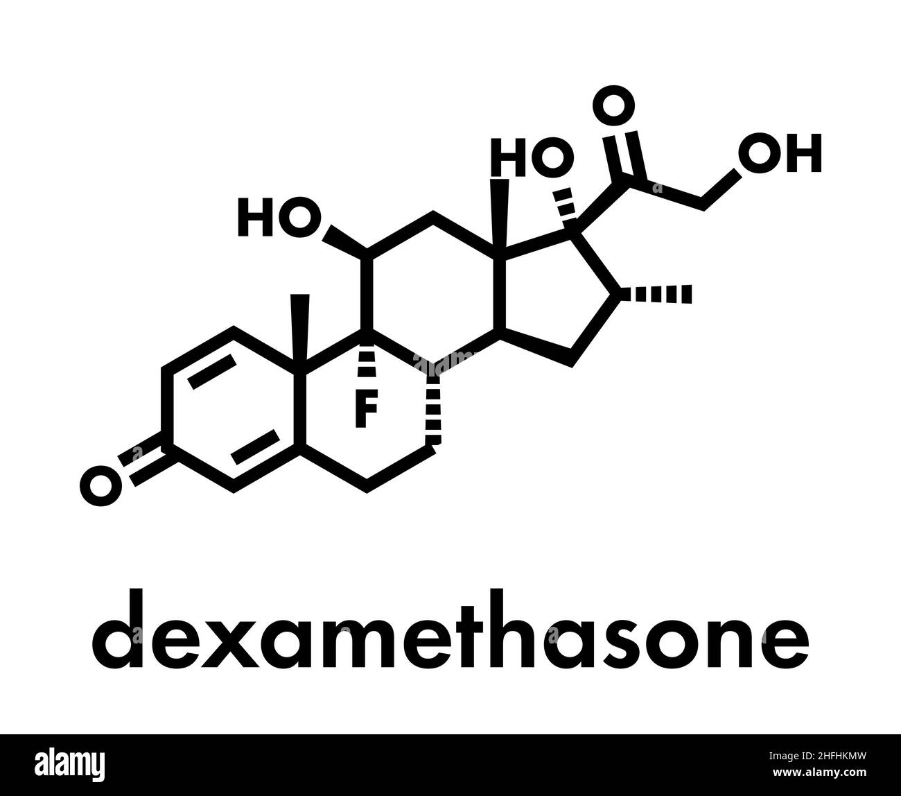 Dexamethasone glucocorticoid drug. Steroid drug with anti-inflammatory and immunosuppressant properties. Skeletal formula. Stock Vector