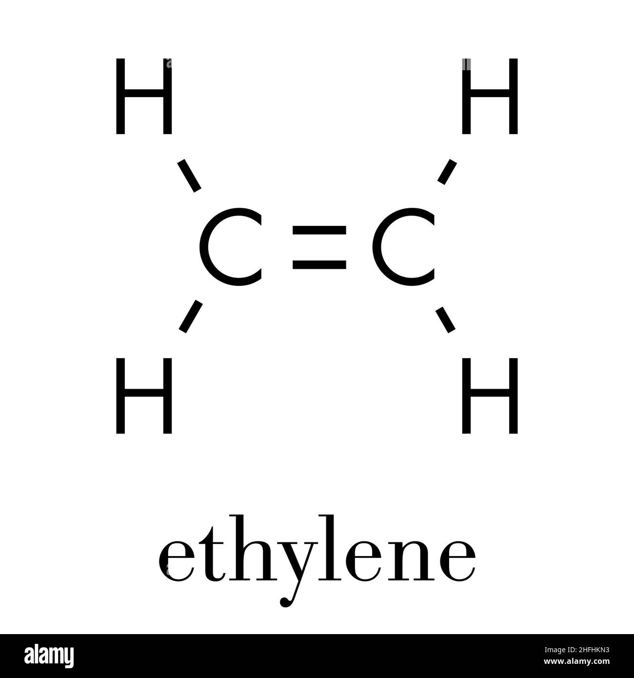 Ethylene (ethene) molecule. Used in production of polyethylene but also important as a plant hormone. Skeletal formula. Stock Vector