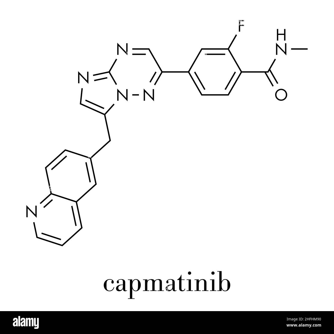 Capmatinib cancer drug molecule (c-met inhibitor). Skeletal formula. Stock Vector