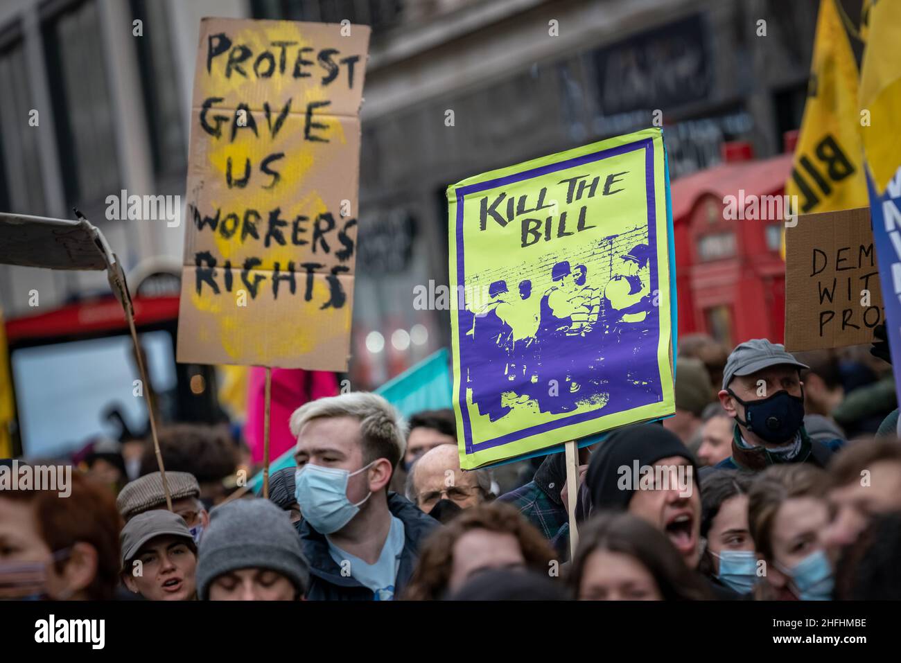 "Kill The Bill" protesters rally against the Police, Crime, Sentencing and Courts Bill (PCSC), which is reaching its final stages in parliament. UK. Stock Photo