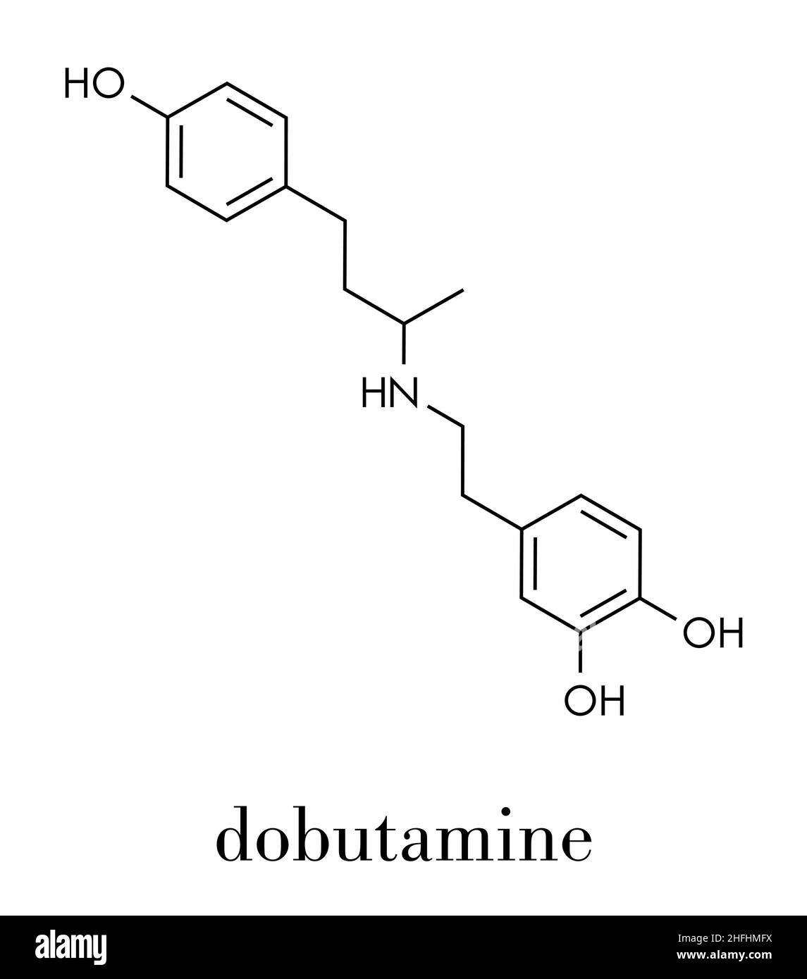 Dobutamine sympathomimetic drug molecule. Skeletal formula. Stock Vector