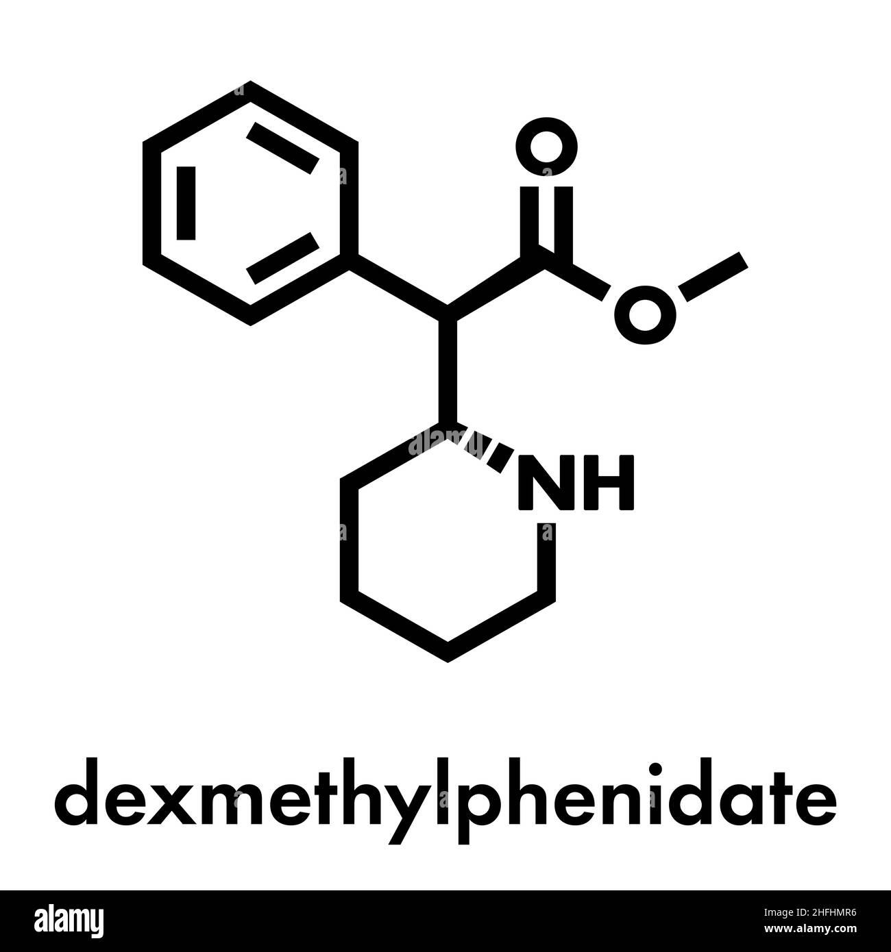 Dexmethylphenidate drug molecule. Skeletal formula. Stock Vector