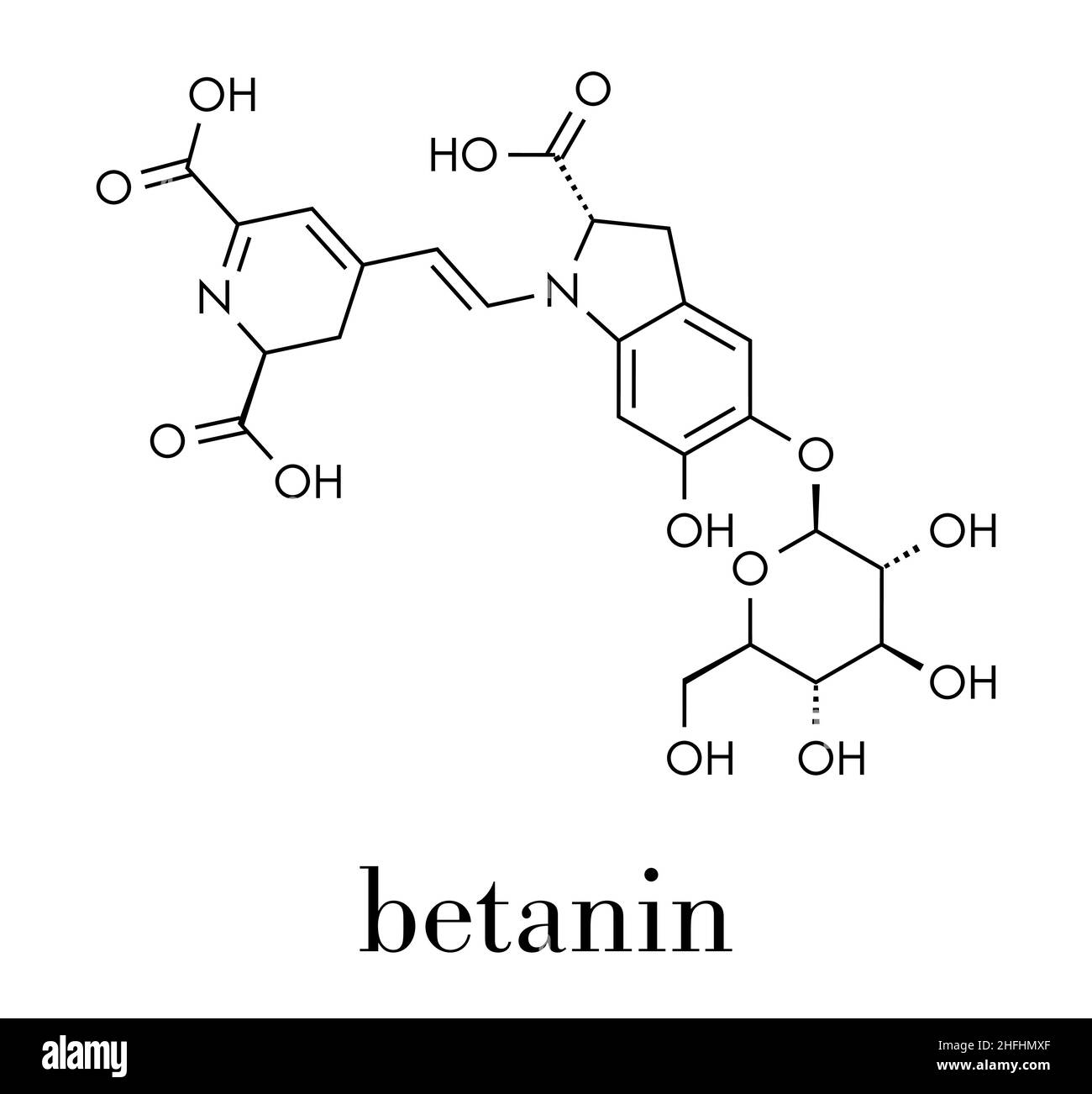 Betanin or beetrood red plant pigment molecule. Skeletal formula. Stock Vector