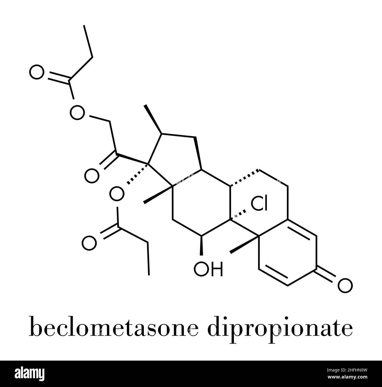 Beclometasone dipropionate glucocorticoid drug molecule. Prodrug of beclometasone. Used in prophylaxis of asthma and treatment of inflammatory skin di Stock Vector