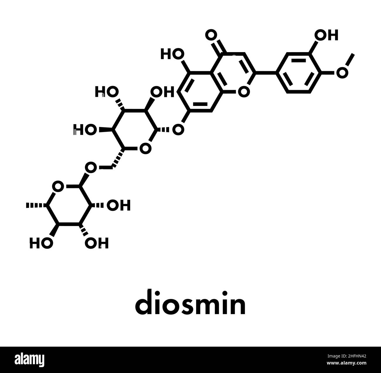 Diosmin venous disease and hemorrhoids drug molecule. Skeletal formula. Stock Vector