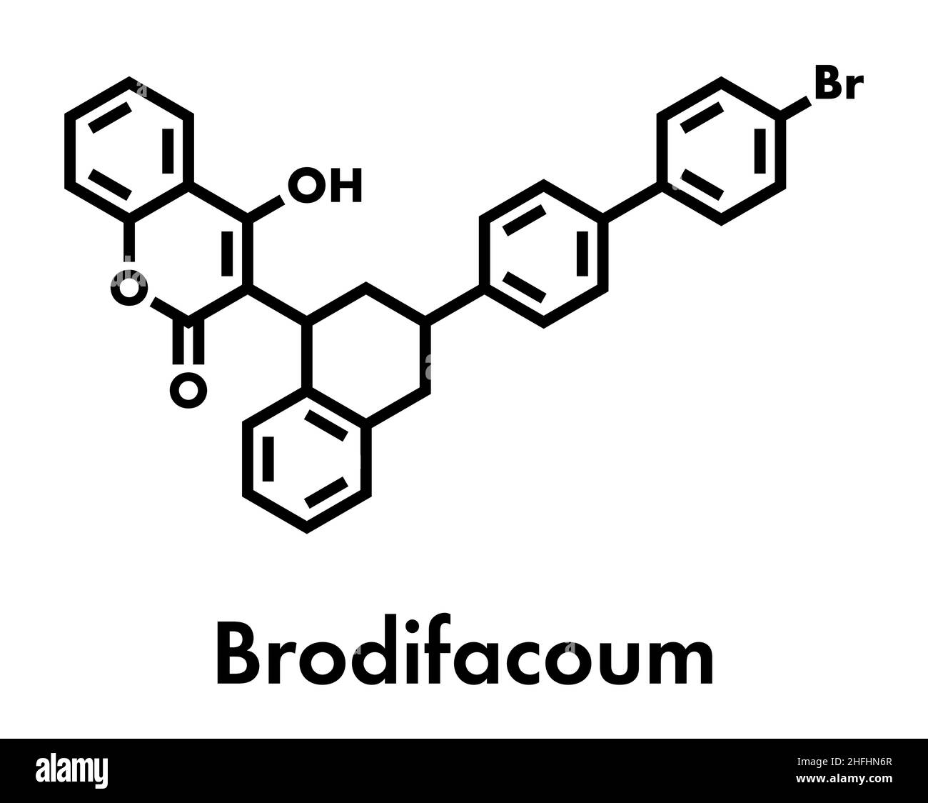 Brodifacoum rodenticide molecule. Skeletal formula. Stock Vector