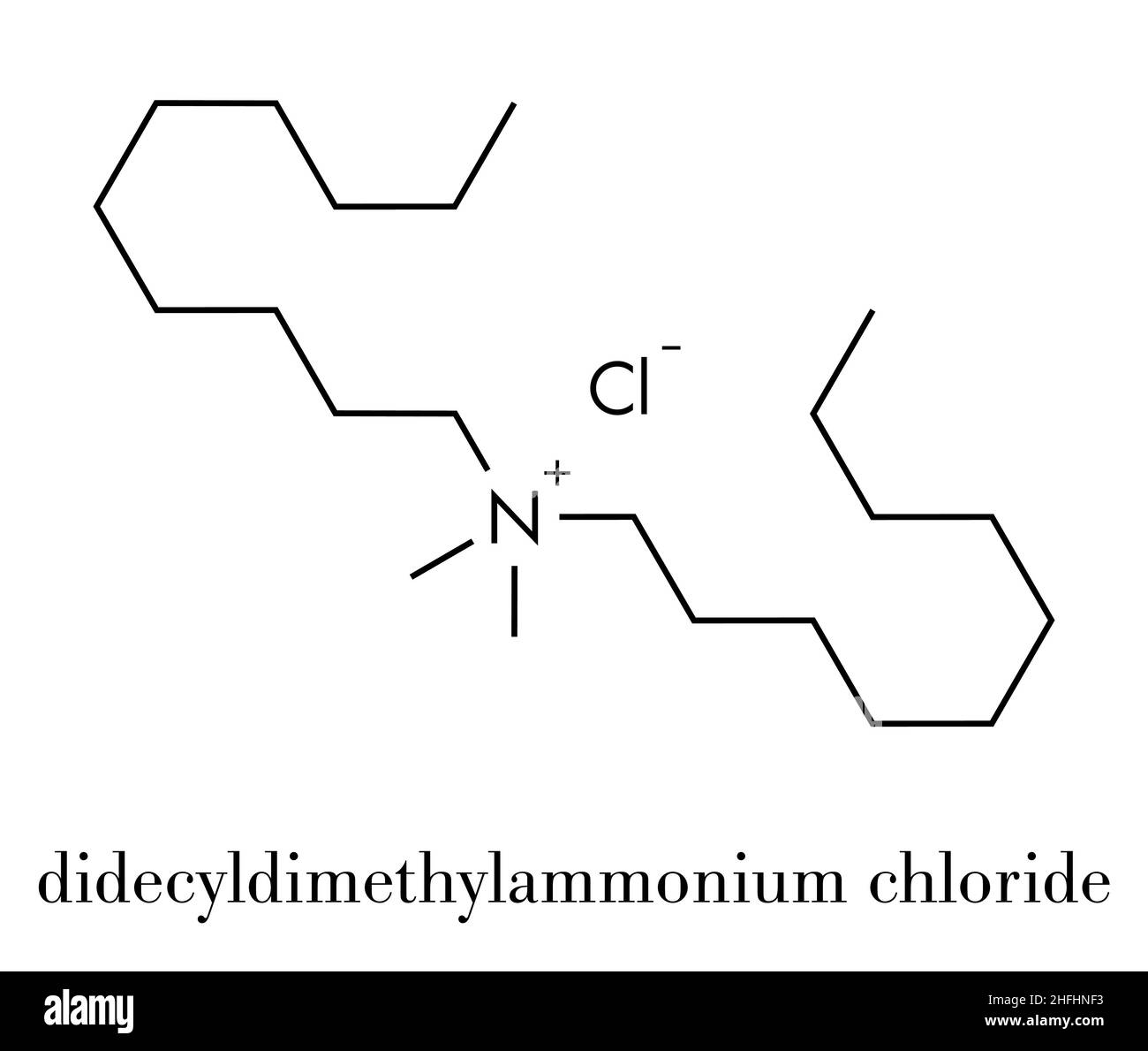 Didecyldimethylammonium chloride antiseptic molecule. Biocidal disinfectant, active against bacteria and fungi. Skeletal formula. Stock Vector