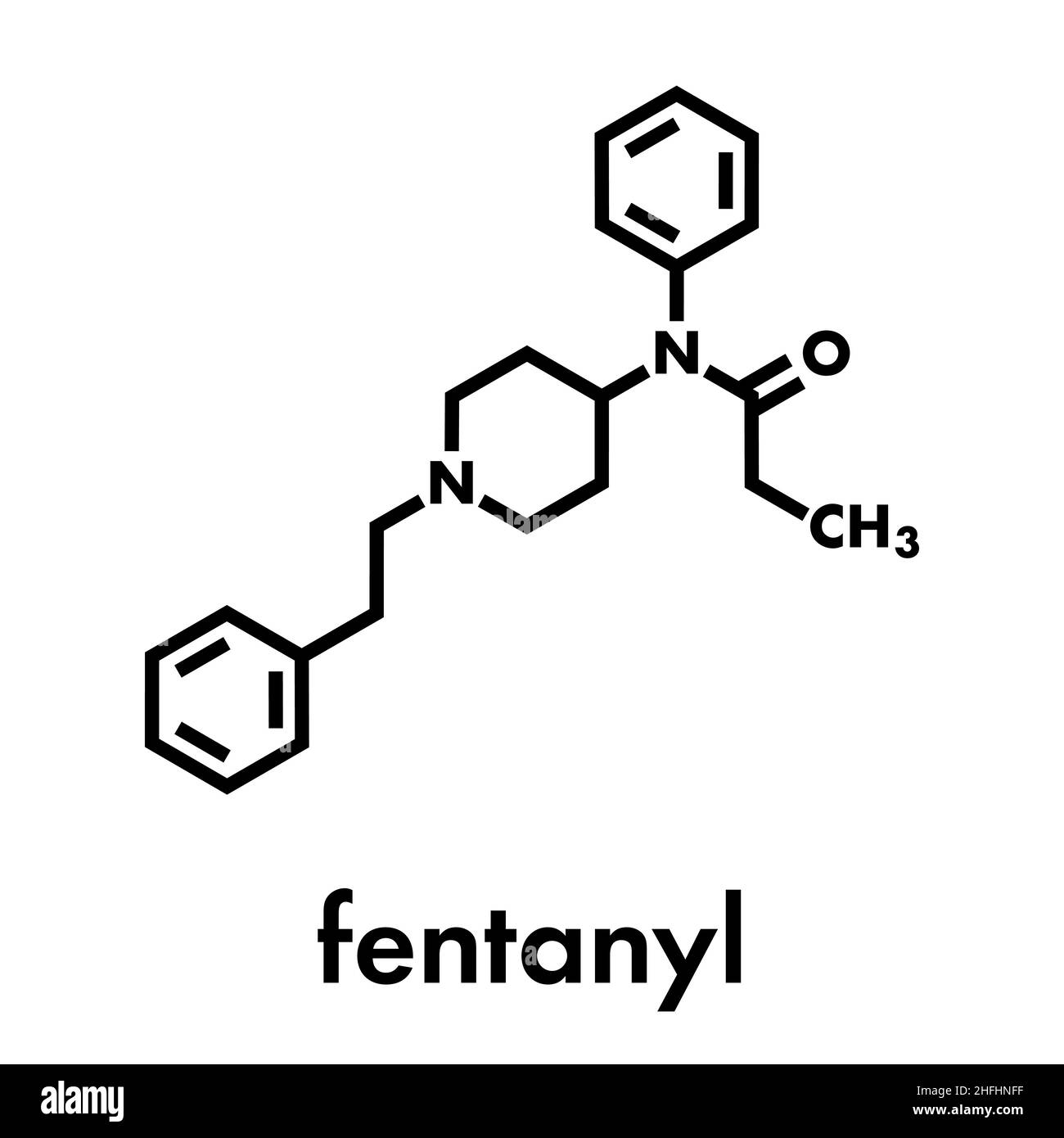 Fentanyl (fentanil) opioid analgesic drug molecule. Skeletal formula. Stock Vector