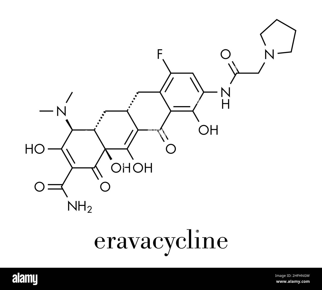 Eravacycline antibiotic drug molecule (tetracycline class). Skeletal