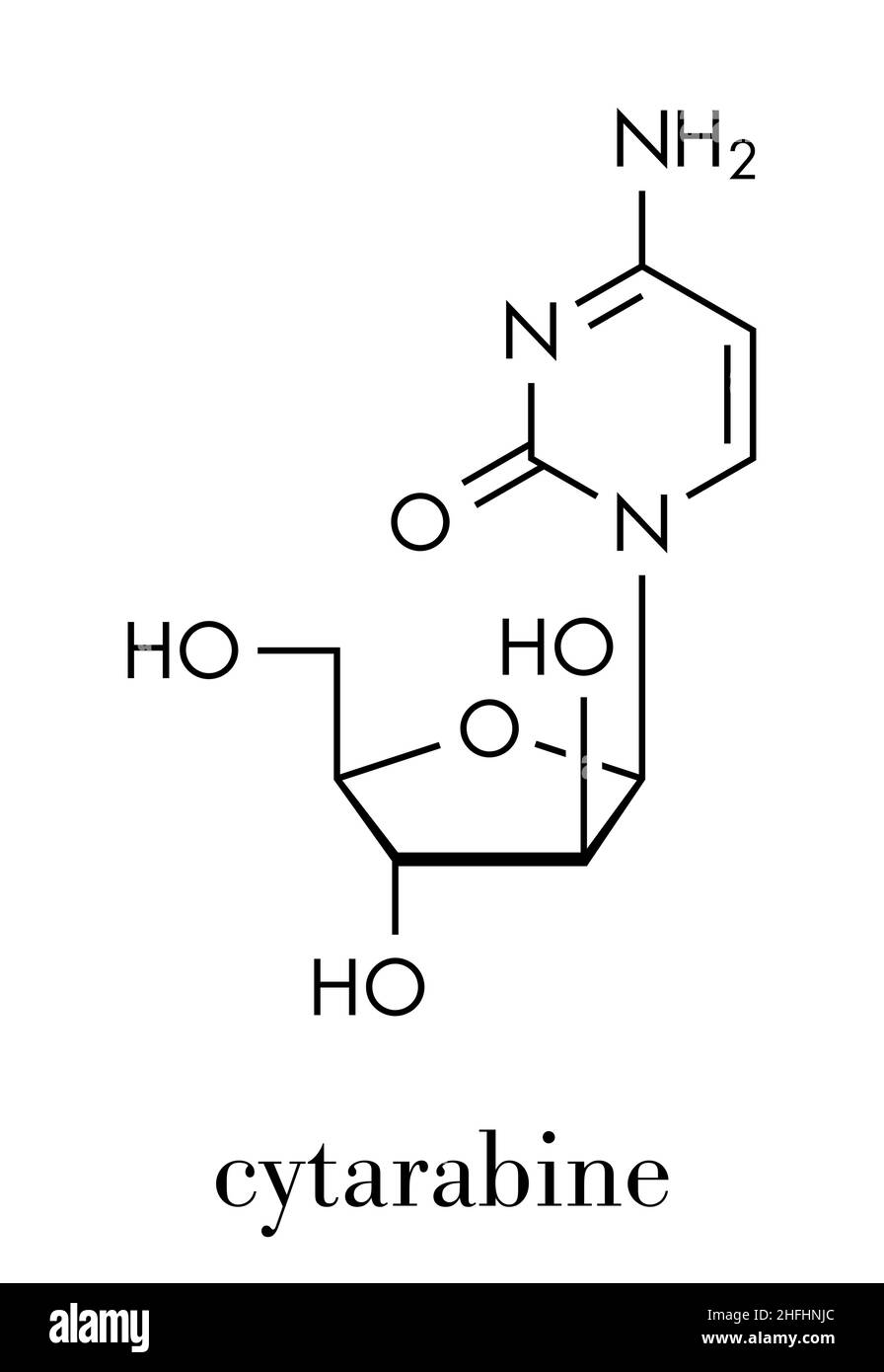 Cytarabine (cytosine arabinoside, Ara-C) chemotherapy drug molecule. Used in treatment of acute myeloid leukemia (AML), acute lymphocytic leukemia (AL Stock Vector
