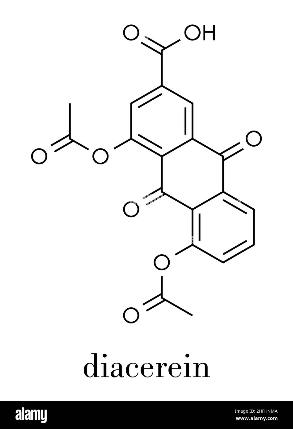 Diacerein drug molecule. Skeletal formula. Stock Vector