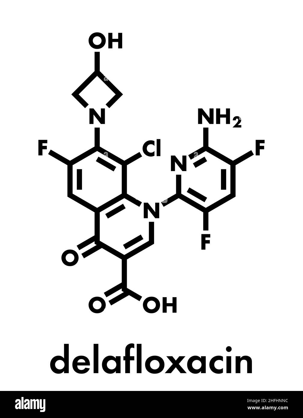 Delafloxacin antibiotic drug molecule (fluoroquinolone class). Skeletal