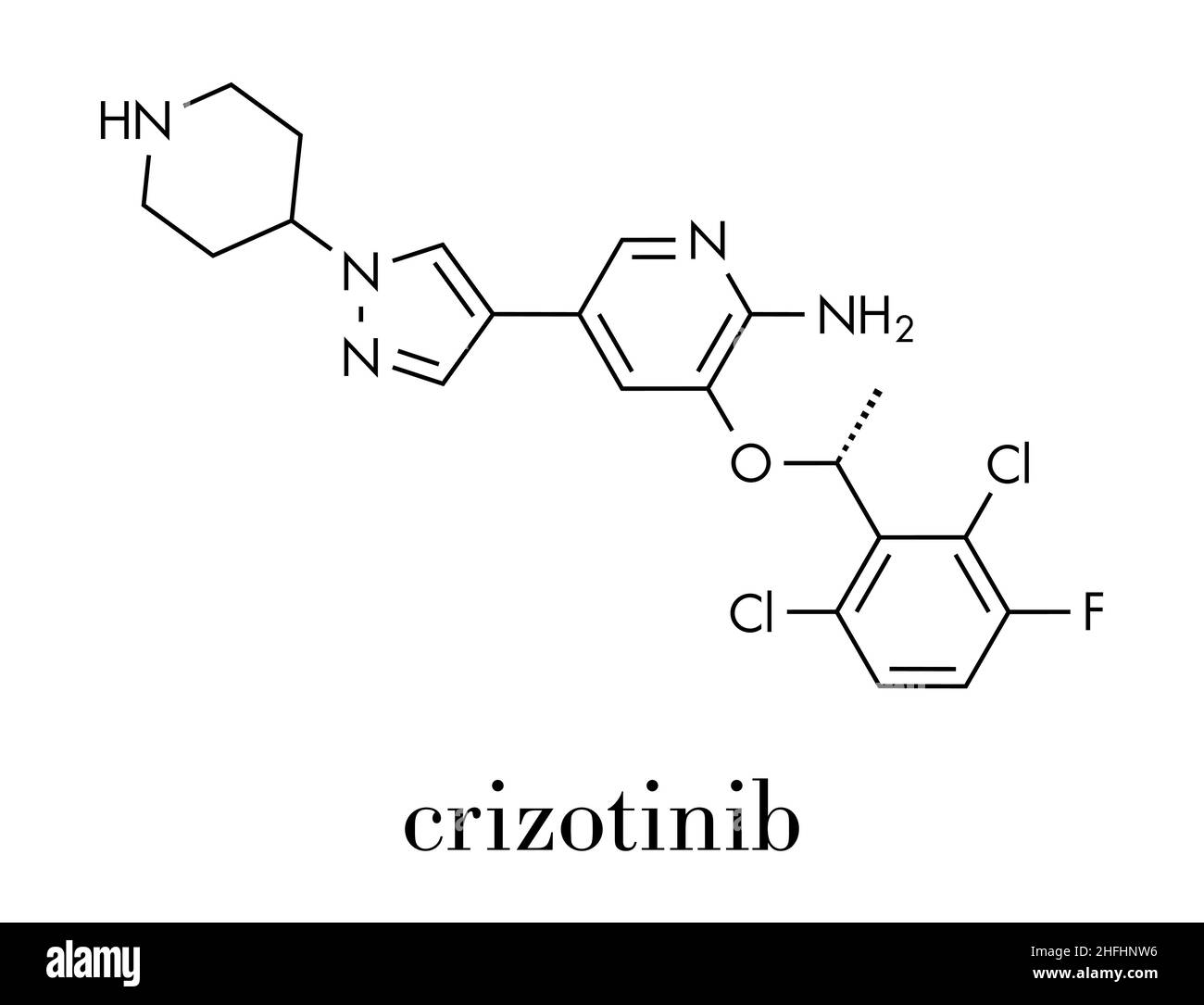 Crizotinib anti-cancer drug molecule. Inhibitor of ALK and ROS1 proteins. Skeletal formula. Stock Vector