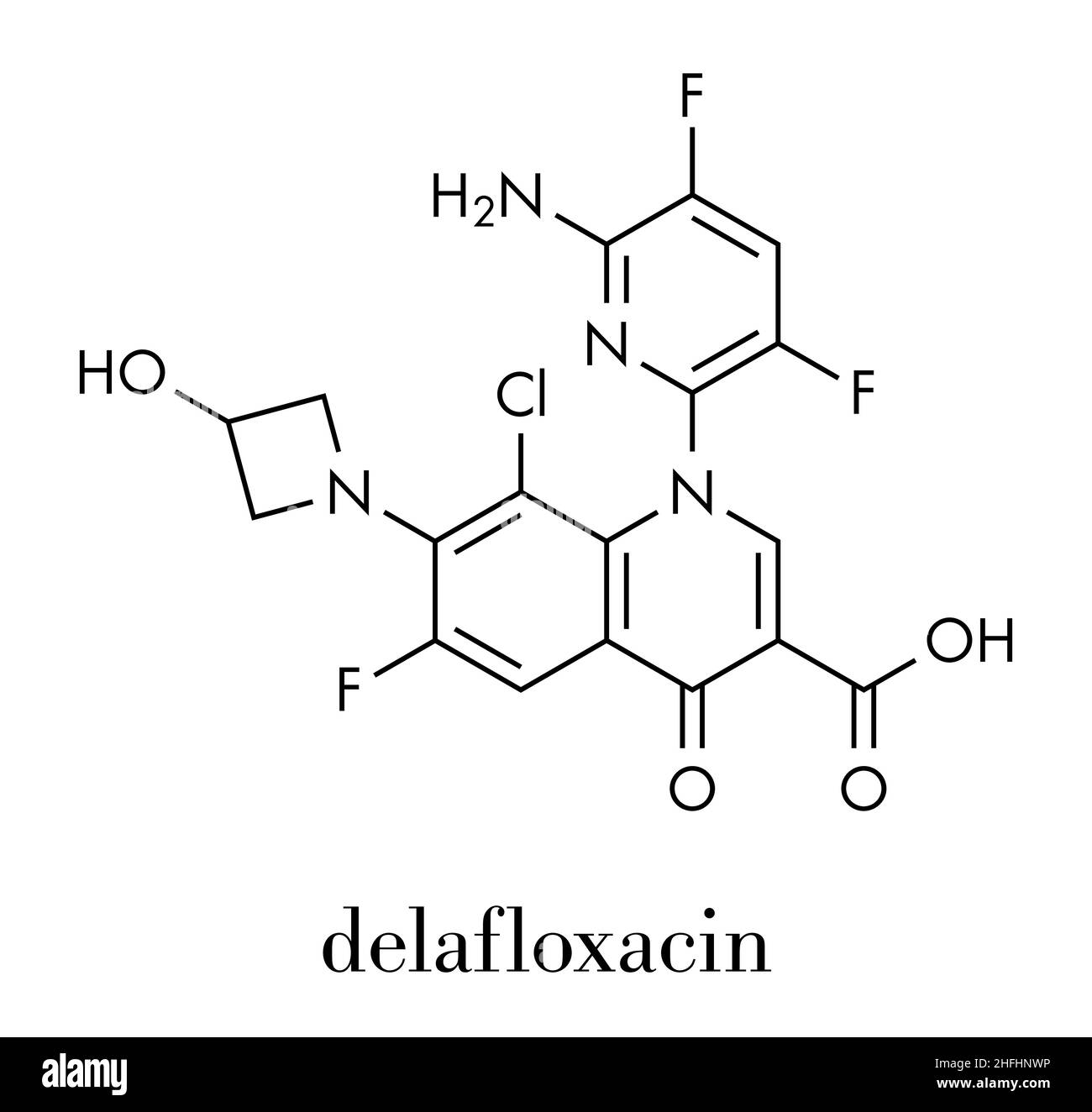 Delafloxacin antibiotic drug molecule (fluoroquinolone class). Skeletal