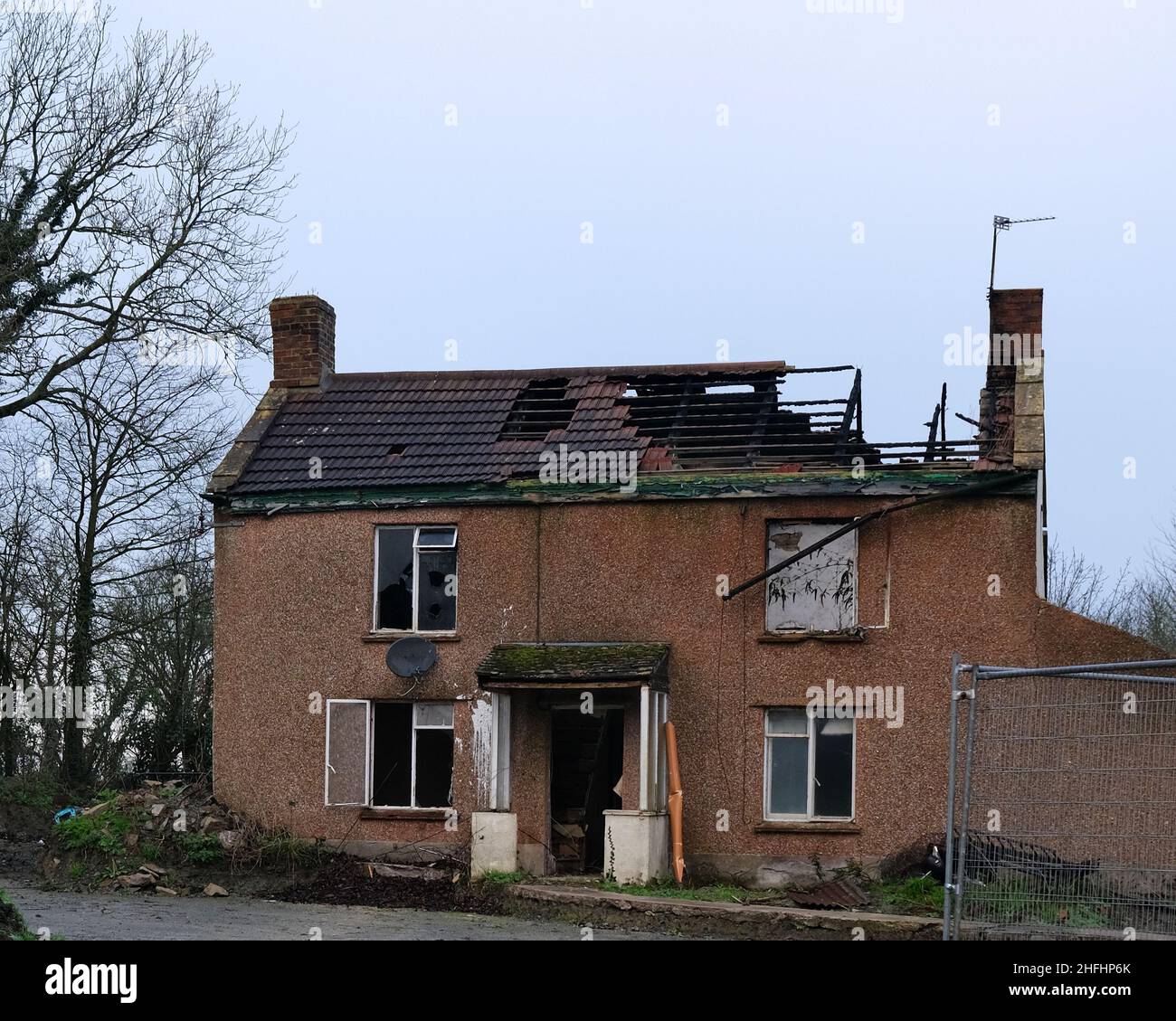 January 2022 - Fire damaged cottage in rural Somerset Stock Photo