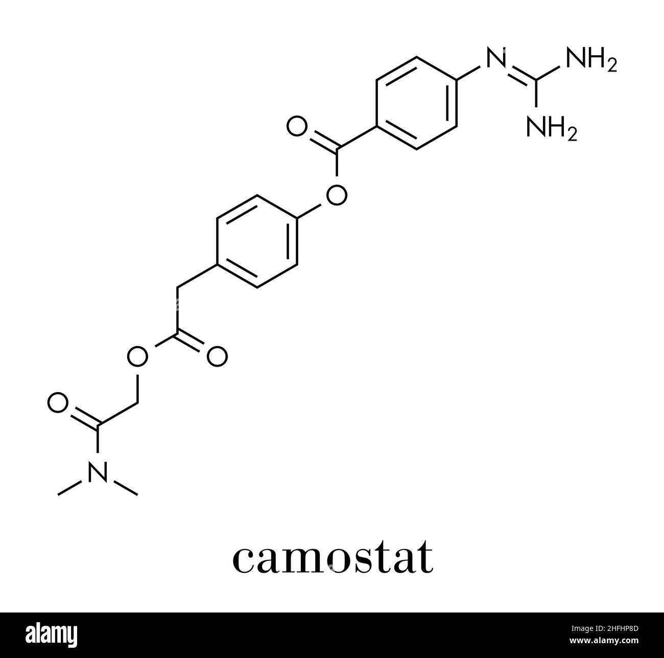 Camostat drug molecule. Serine protease inhibitor, investigated for treatment of Covid-19. Skeletal formula. Stock Vector