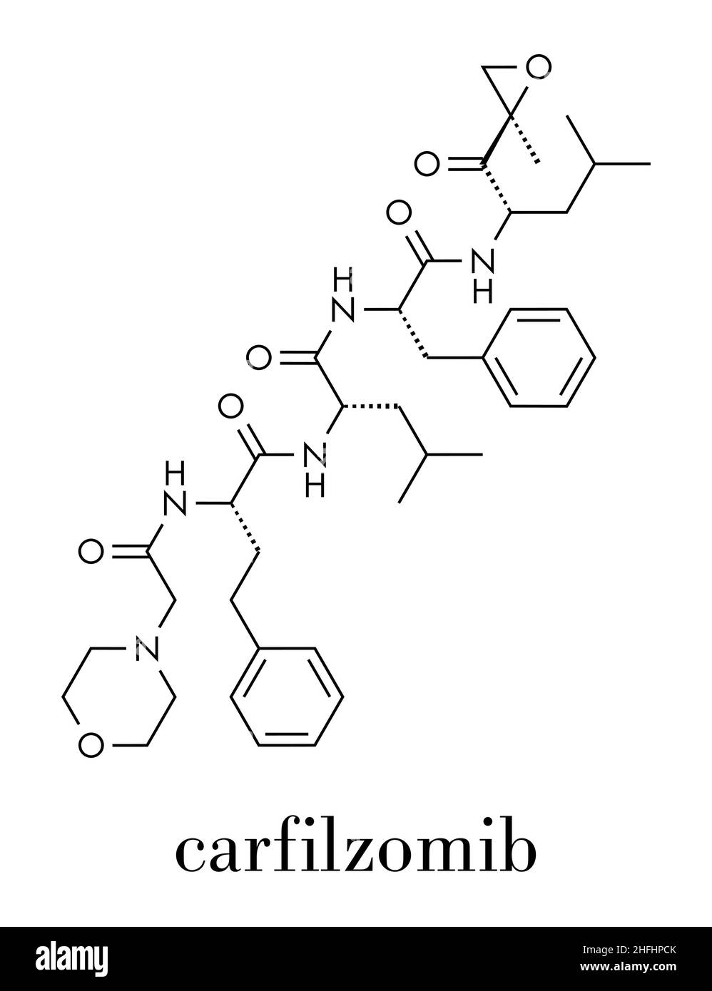 Carfilzomib (CFZ) multiple myeloma cancer drug molecule. Proteasome inhibitor derived from natural product epoxomicin. Skeletal formula. Stock Vector