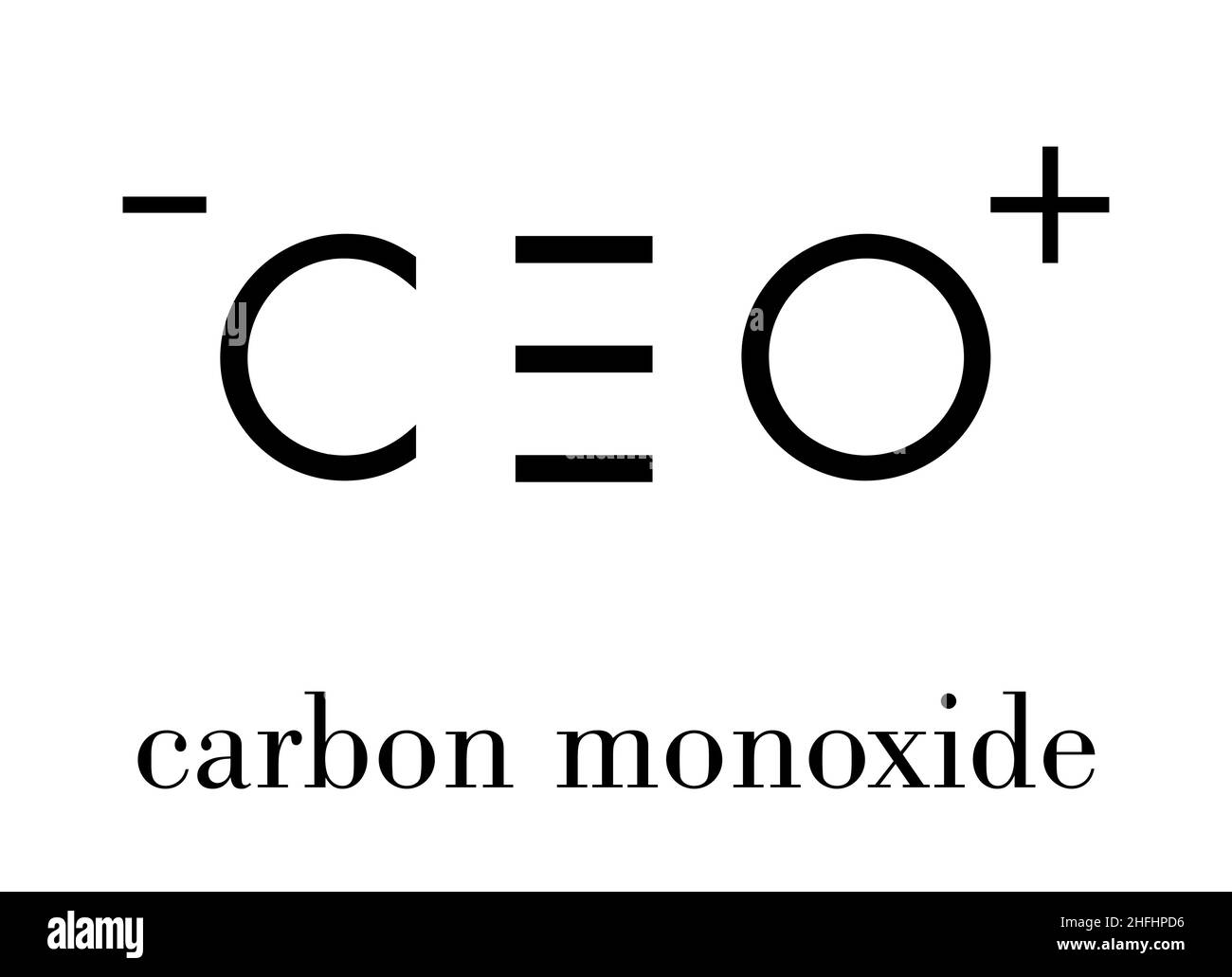 Carbon monoxide (CO) toxic gas molecule. Carbon monoxide poisoning frequently occurs due to malfunctioning fuel-burning home appliances. Skeletal form Stock Vector