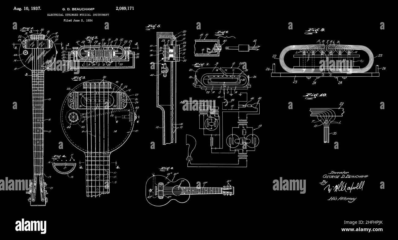 Electrical stringed musical instrument Patent, was invented on 1934 Stock Photo Alamy