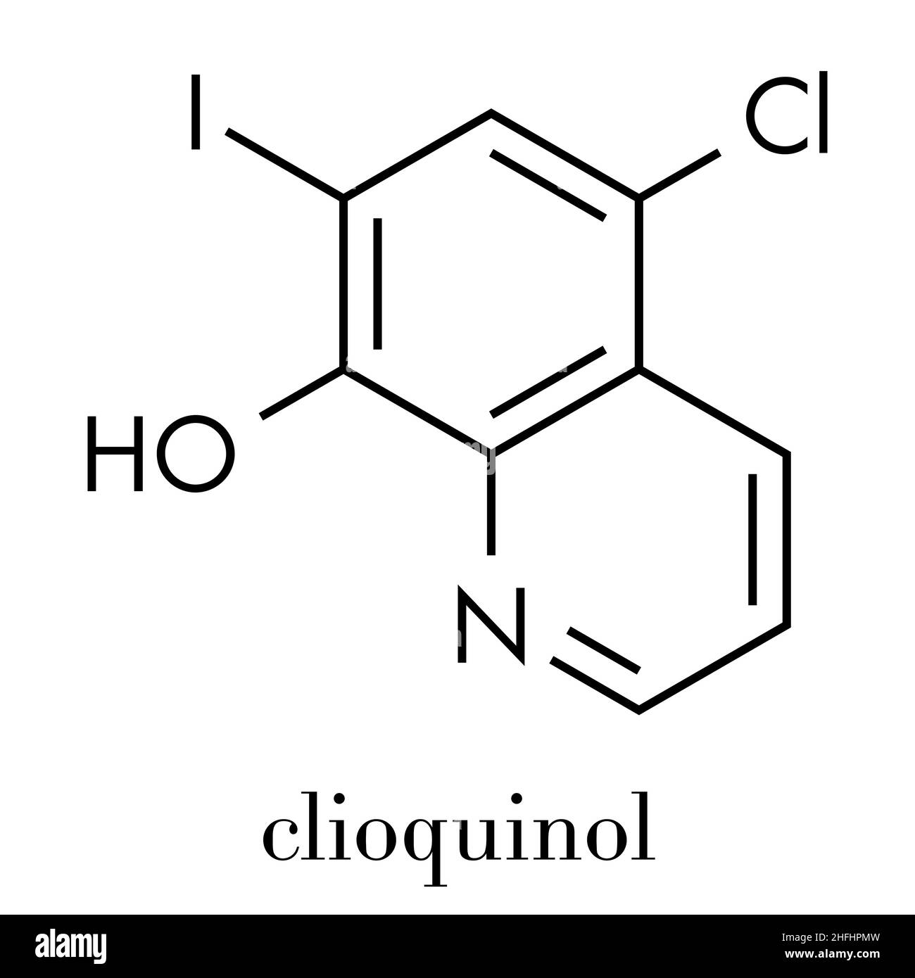 Clioquinol (iodochlorhydroxyquin) antifungal and antiprotozoal drug molecule. Skeletal formula. Stock Vector