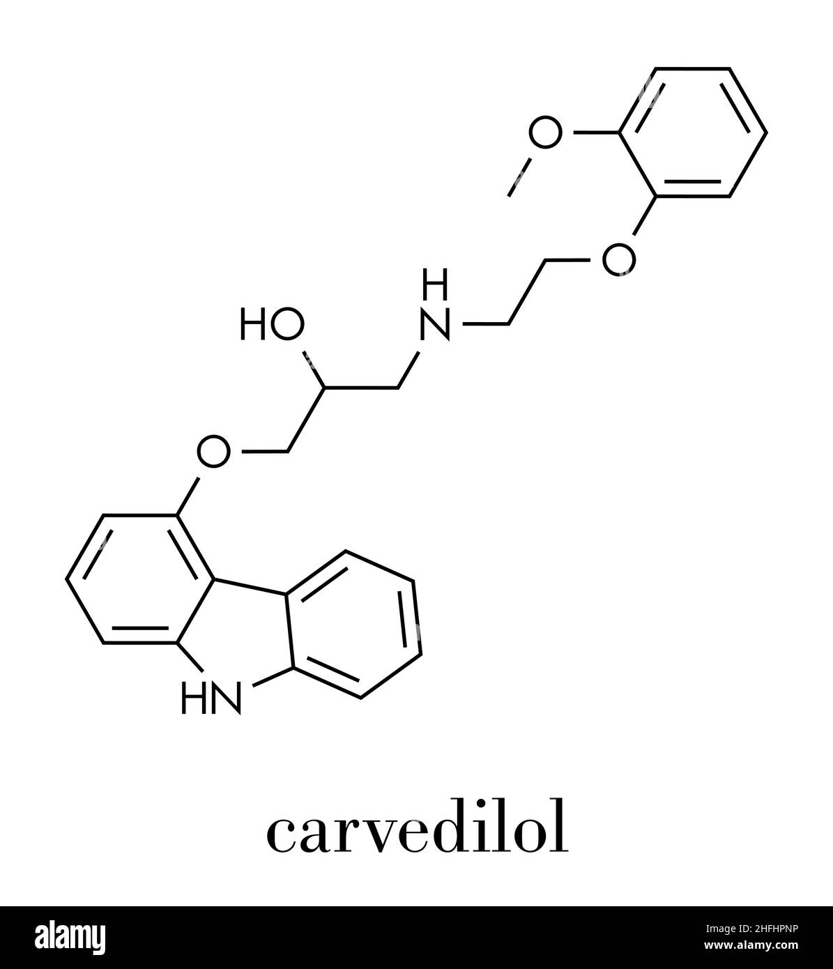 Carvedilol congestive heart failure drug molecule. Skeletal formula