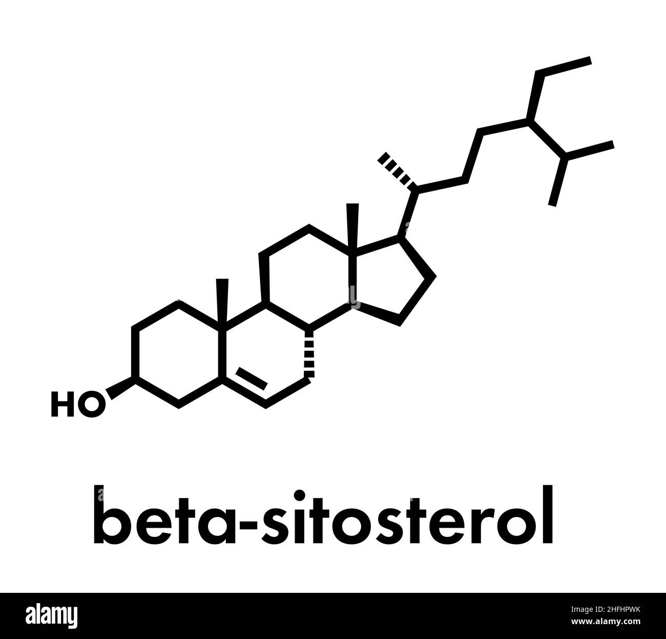Beta-sitosterol phytosterol molecule. Investigated in treatment of benign prostate hyperplasia (BPH) and high cholesterol levels. Skeletal formula. Stock Vector