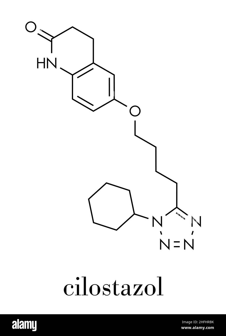 Cilostazol intermittent claudication treatment drug molecule. Inhibitor of phosphodiesterase  (PDE3). Skeletal formula. Stock Vector