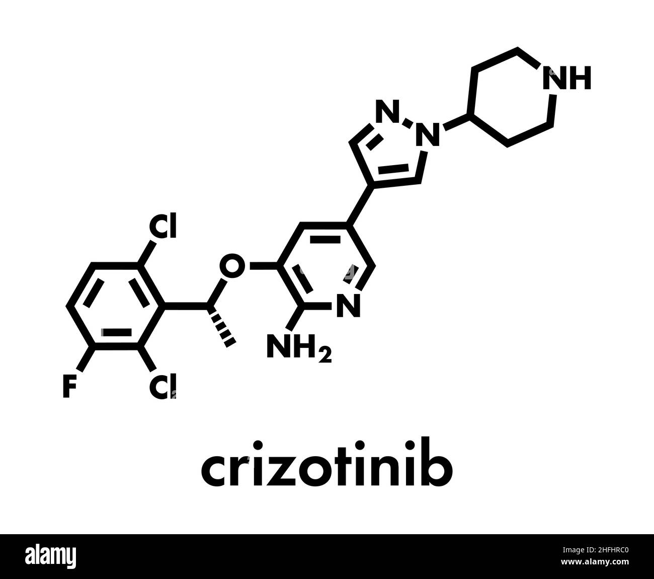 Crizotinib anti-cancer drug molecule. Inhibitor of ALK and ROS1 proteins. Skeletal formula. Stock Vector
