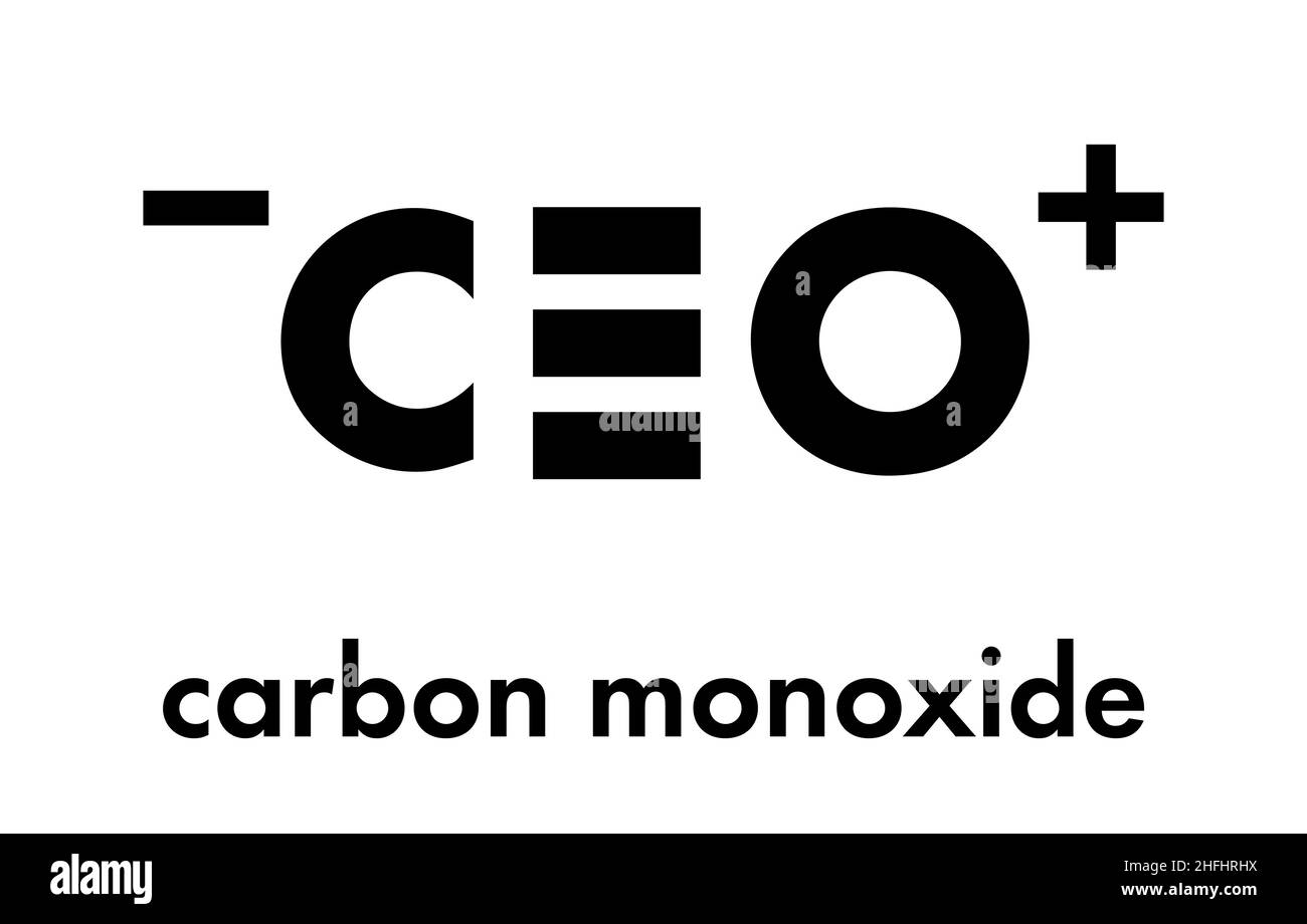 Carbon monoxide (CO) toxic gas molecule. Carbon monoxide poisoning frequently occurs due to malfunctioning fuel-burning home appliances. Skeletal form Stock Vector