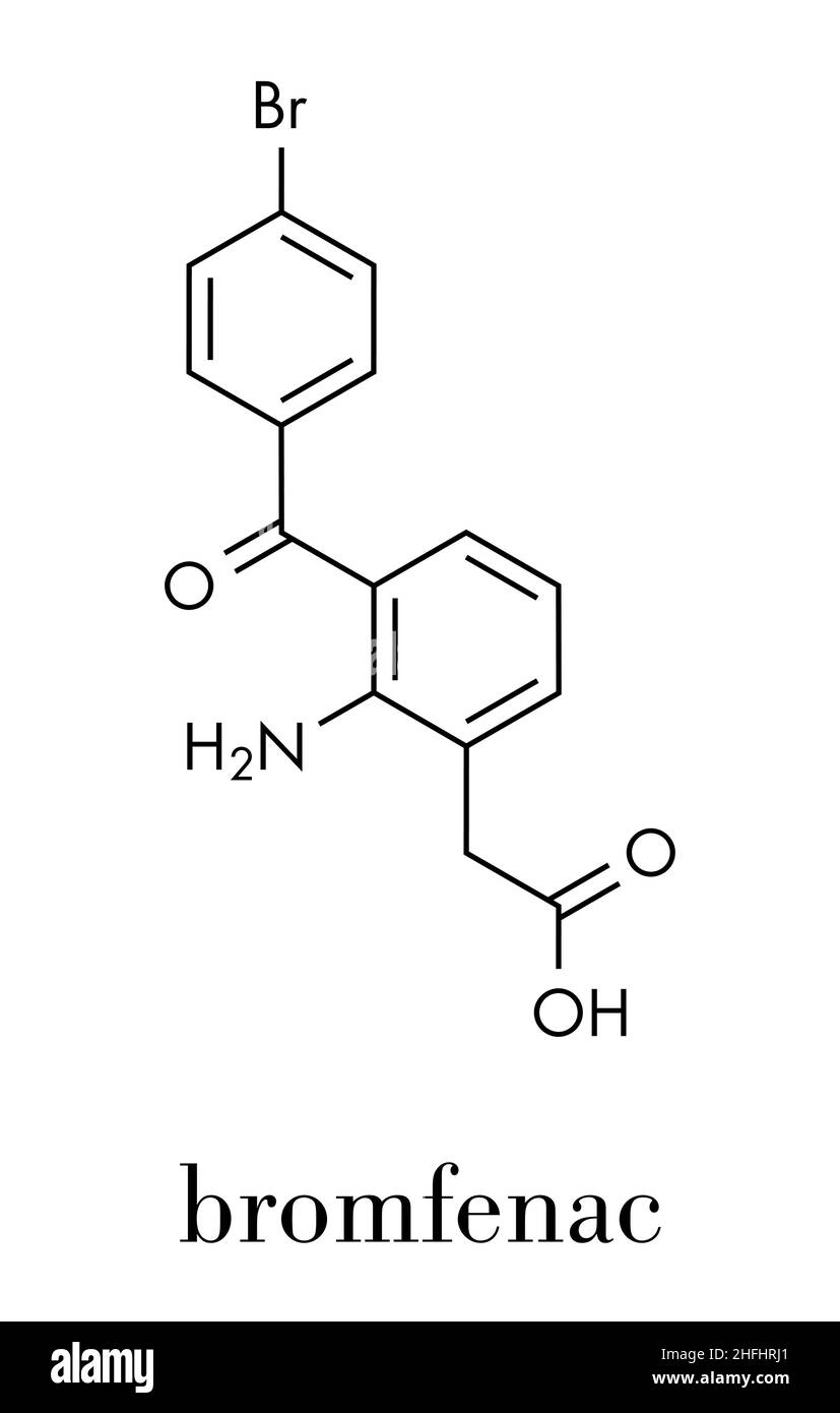 Bromfenac NSAID eye drop drug molecule. Skeletal formula Stock Vector