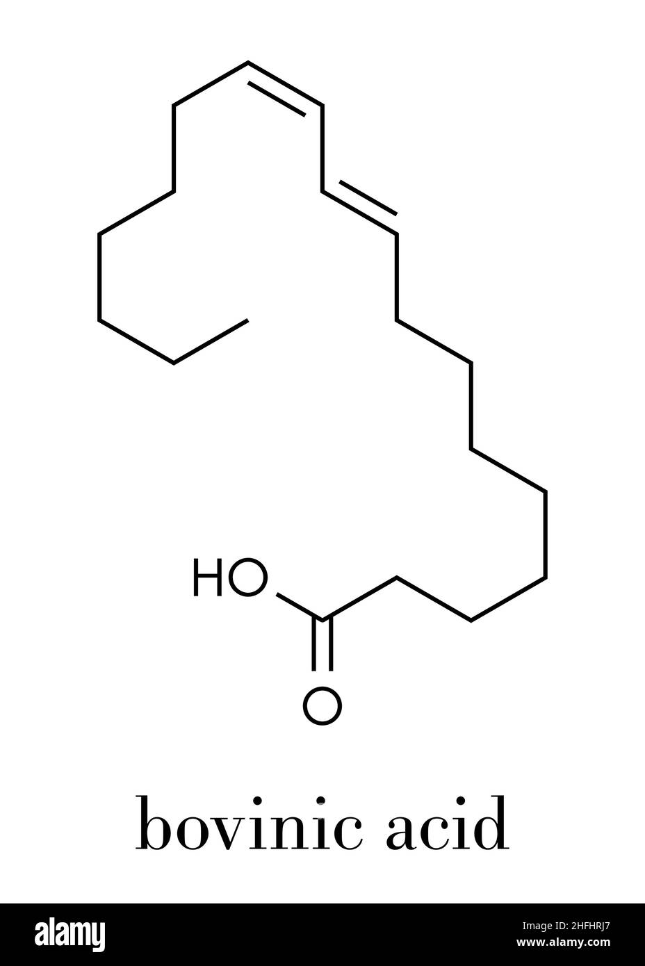 Rumenic acid (bovinic acid, conjugated linoleic acid, CLA) fatty acid molecule. Skeletal formula. Stock Vector