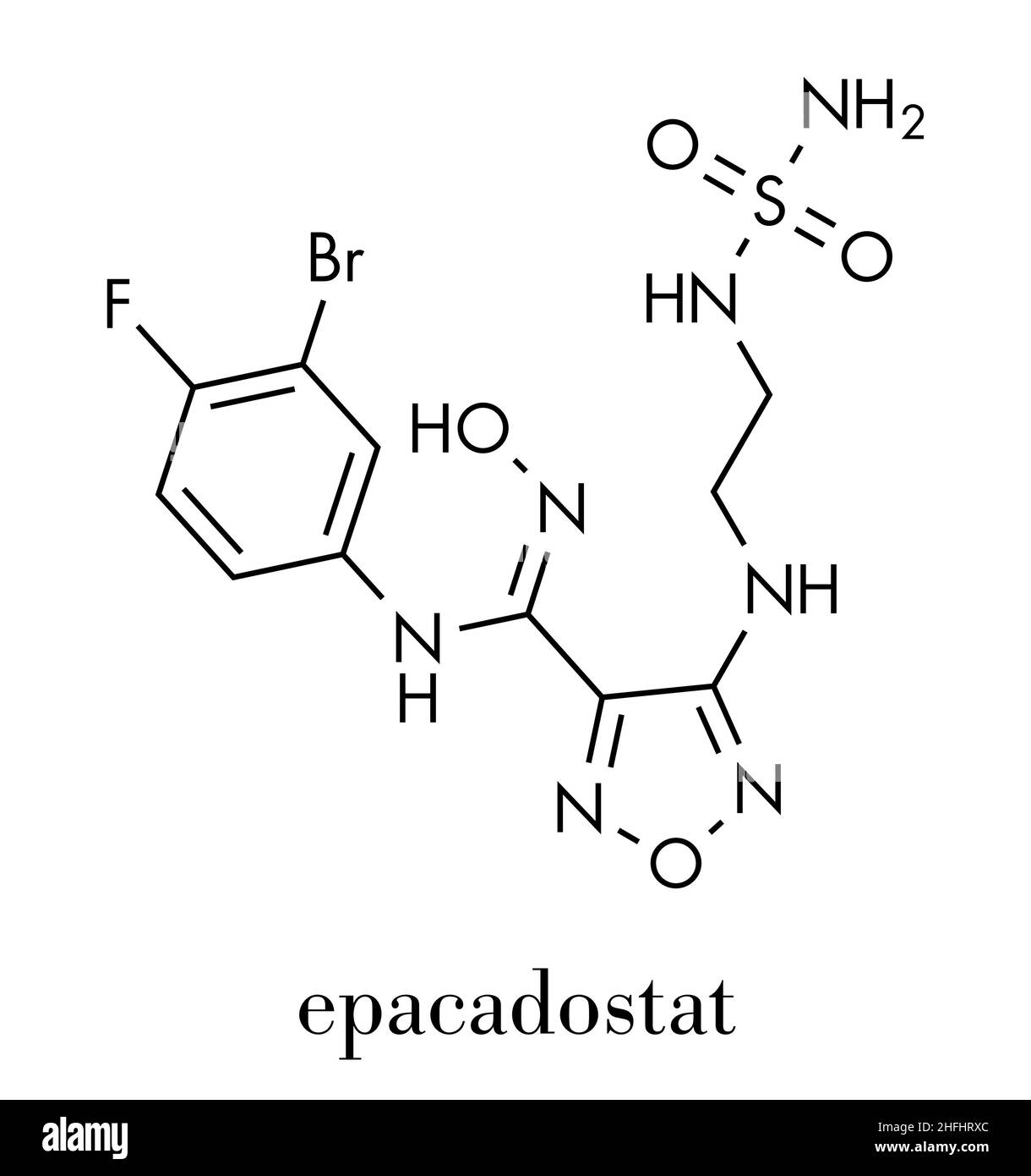 Epacadostat cancer drug molecule (indoleamine 2,3-dioxygenase inhibitor). Skeletal formula. Stock Vector