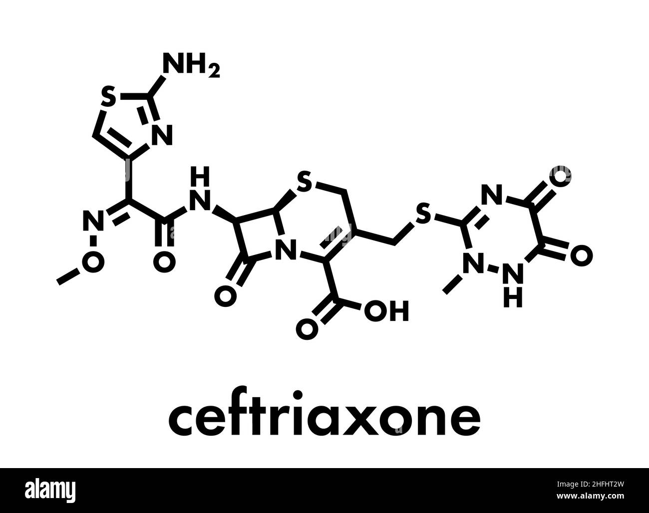 Ceftriaxone antibiotic drug molecule (cephalosporin, third generation). Skeletal formula Stock