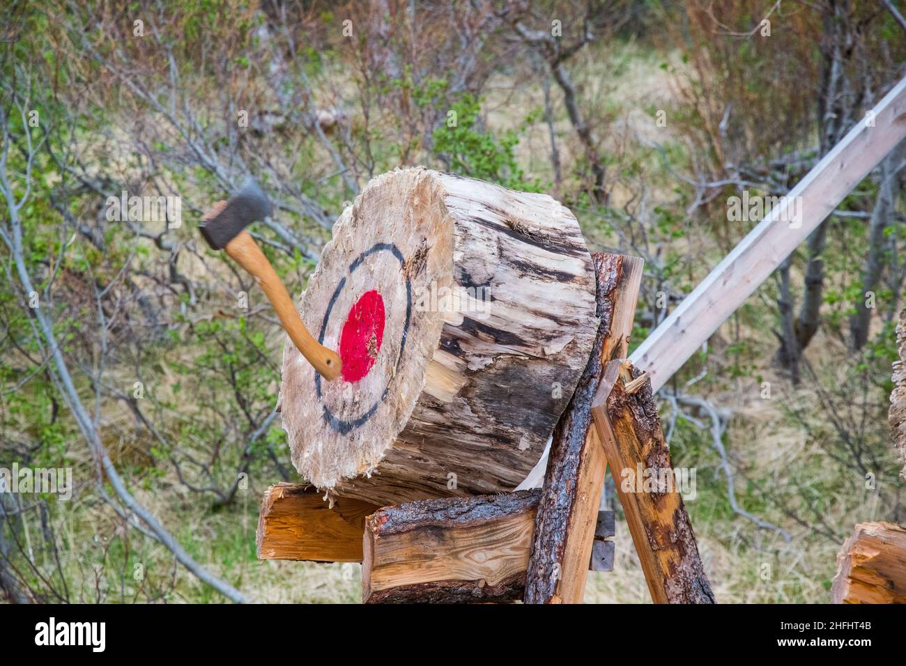 Axe flying towards the target during Axe throw game Stock Photo Alamy