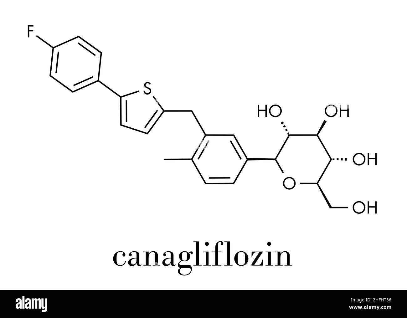 Canagliflozin diabetes drug molecule. SGLT2 inhibitor used in treatment of type II diabetes. Skeletal formula. Stock Vector