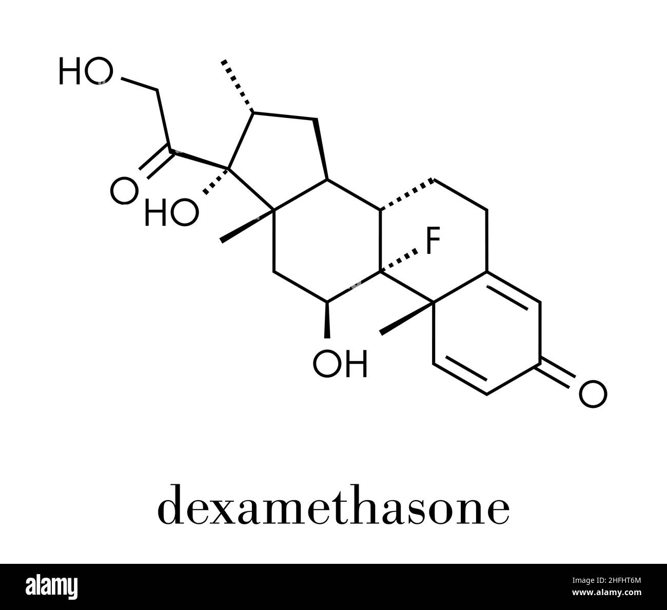Dexamethasone glucocorticoid drug. Steroid drug with anti-inflammatory and immunosuppressant properties. Skeletal formula. Stock Vector