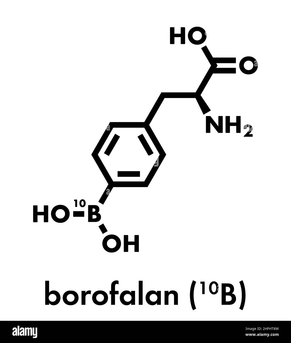 Borofalan (10B) drug molecule. Used in boron neutron capture therapy (BNCT). Skeletal formula. Stock Vector
