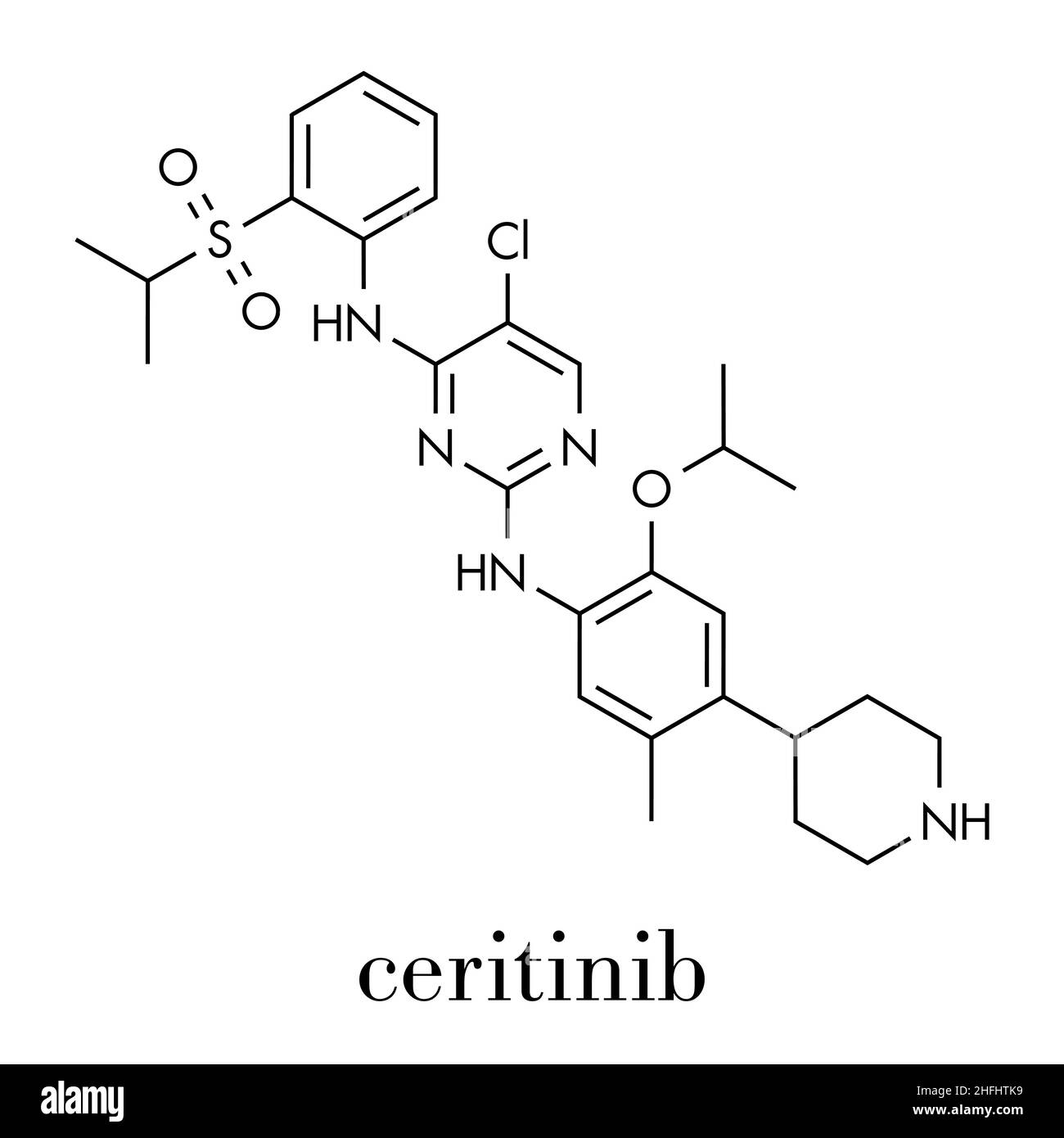 Ceritinib cancer drug molecule. ALK inhibitor used in treatment of metastatic non-small cell lung cancer. Skeletal formula. Stock Vector