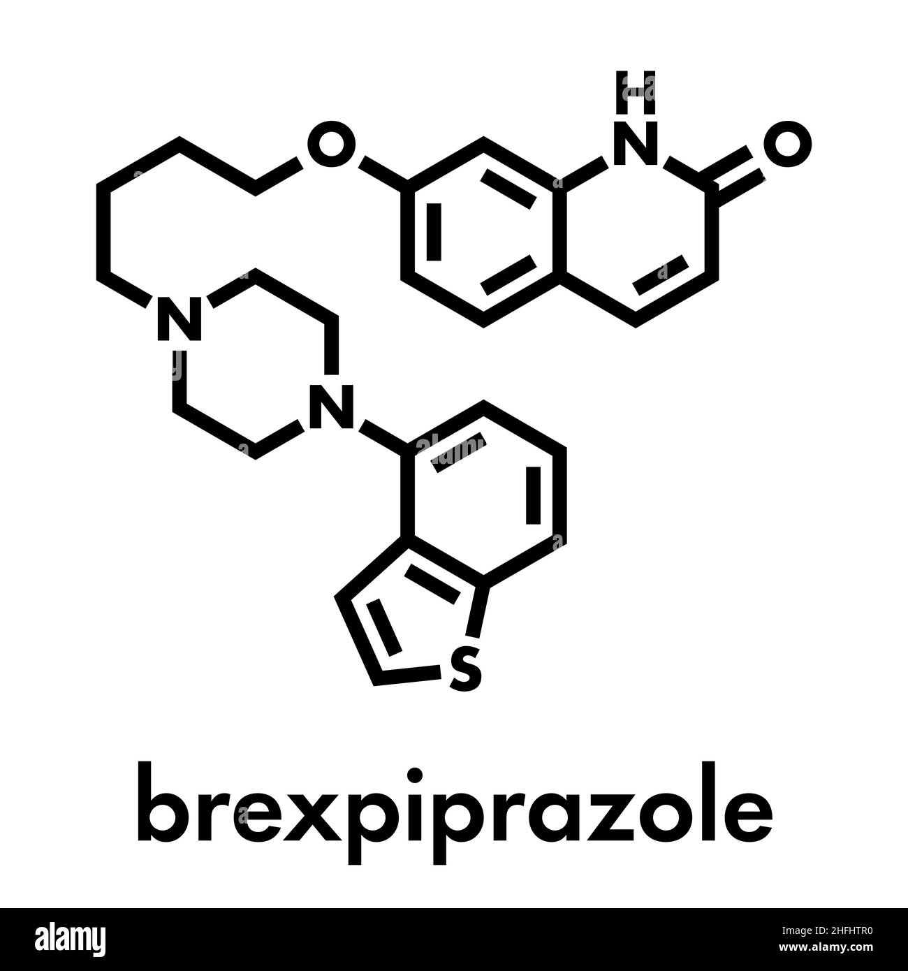 Brexpiprazole antipsychotic drug molecule. Skeletal formula. Stock Vector