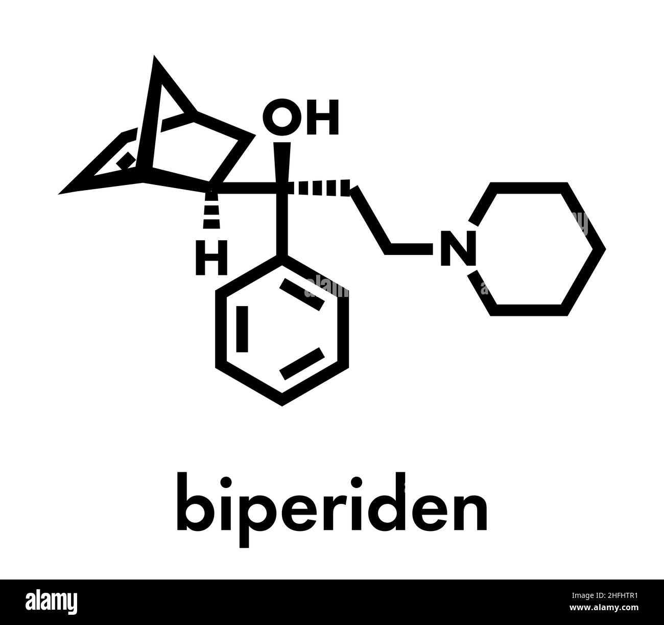 Biperiden Parkinson's disease drug molecule. Skeletal formula. Stock Vector