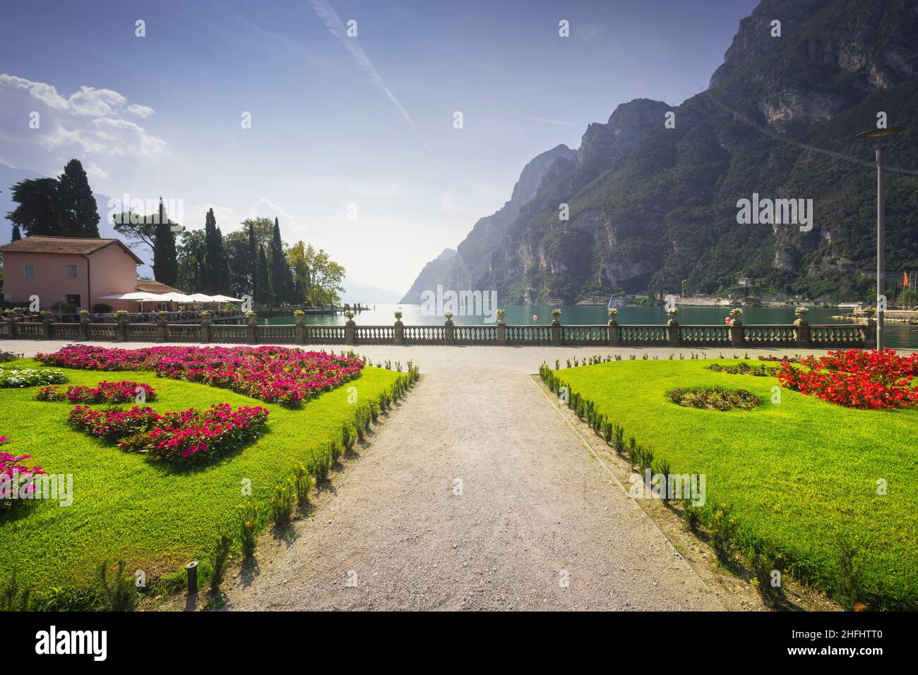 Public park gardens on the lake. Riva del Garda, Trentino, Italy, Europe. Stock Photo
