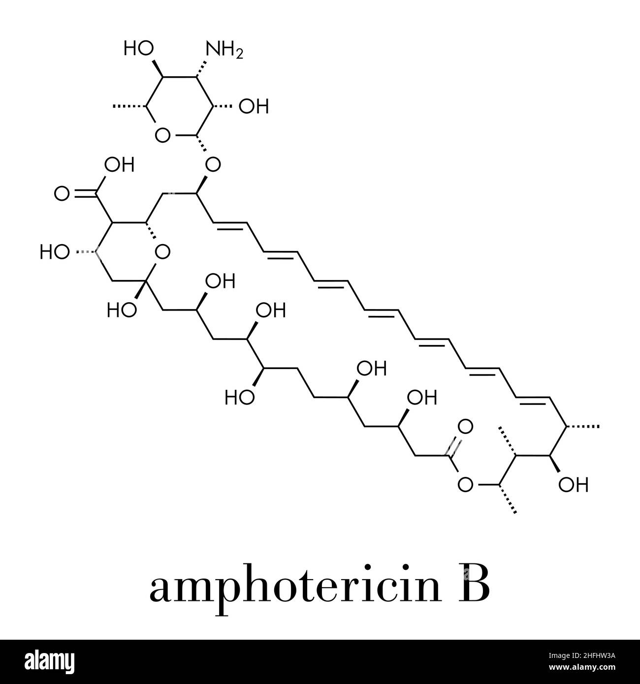 Amphotericin B antifungal drug molecule. Skeletal formula. Stock Vector