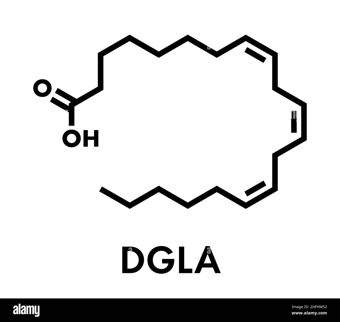 Dihomo-γ-linolenic acid (DGLA) fatty acid molecule. Omega 6-fatty acid that is produced in the body from gamma-linolenic acid. Skeletal formula. Stock Vector
