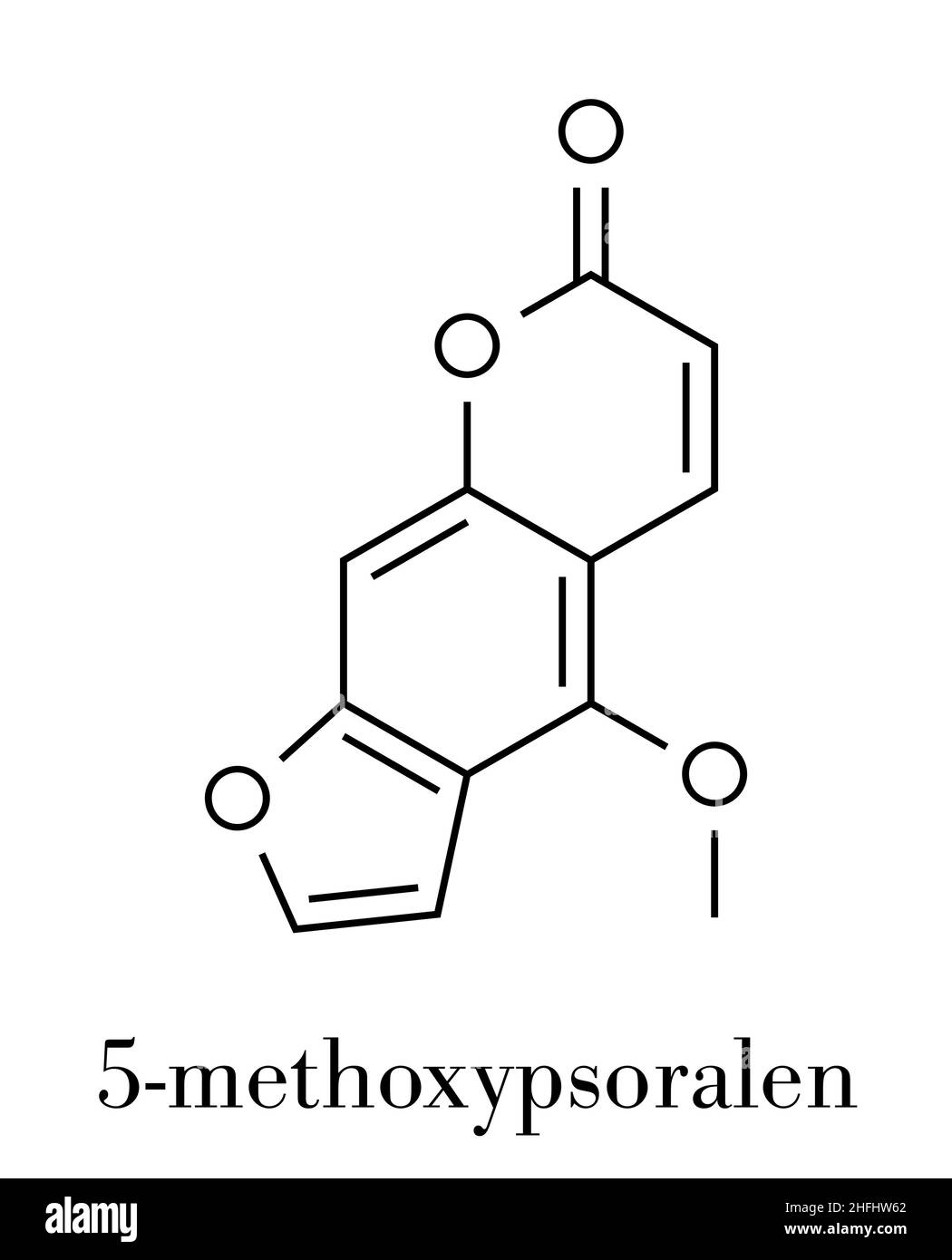 Bergapten or 5-methoxypsoralen molecule. Photosensitizer present in several plants, responsible for causing phytophotodermatitis. Skeletal formula. Stock Vector