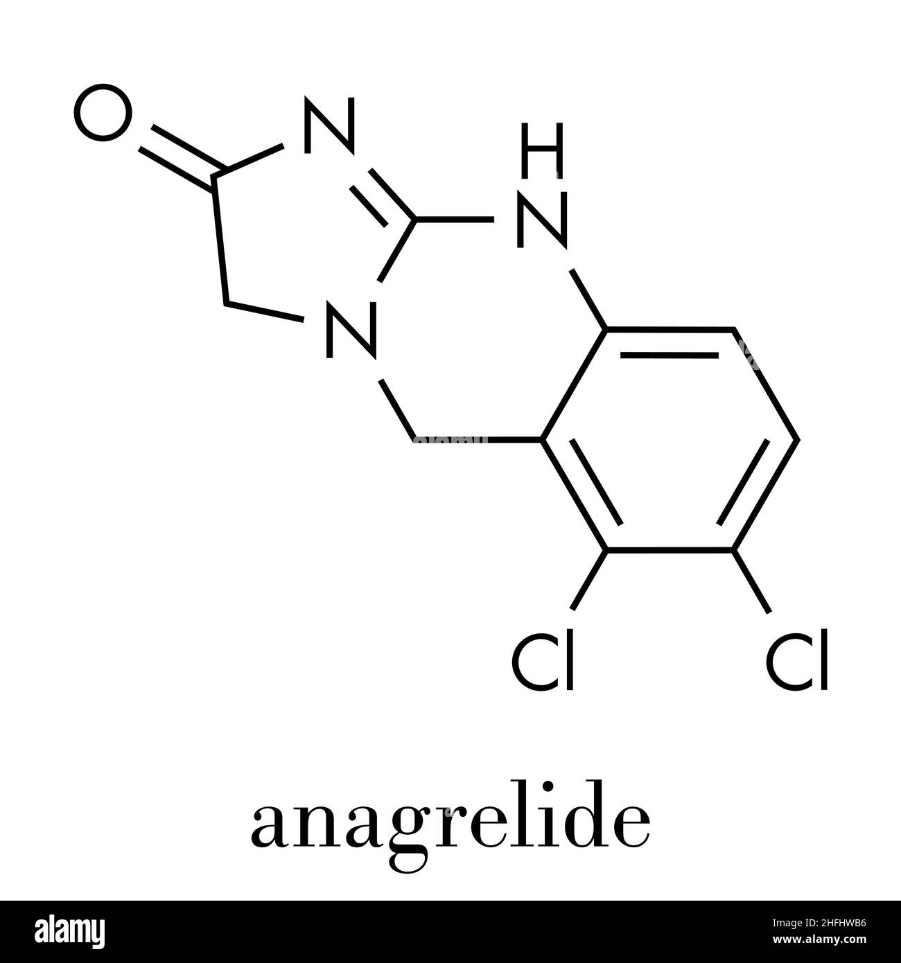 Anagrelide essential thrombocytosis drug molecule. Skeletal formula. Stock Vector