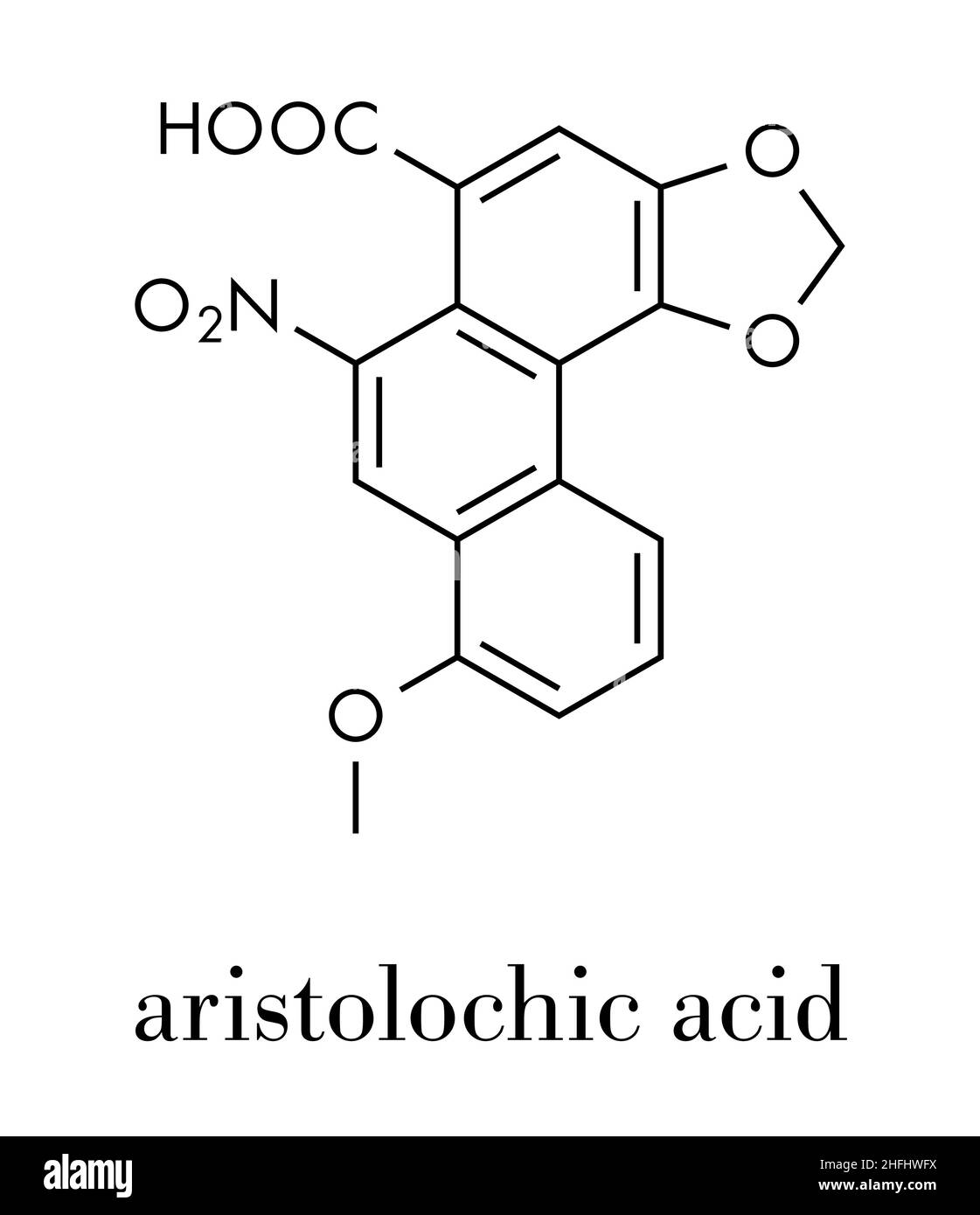 Aristolochic acid plant poison molecule. Has carcinogenic and nephrotoxic (kidney damaging) properties. Found in Aristolochia and Asarum herbs, often Stock Vector