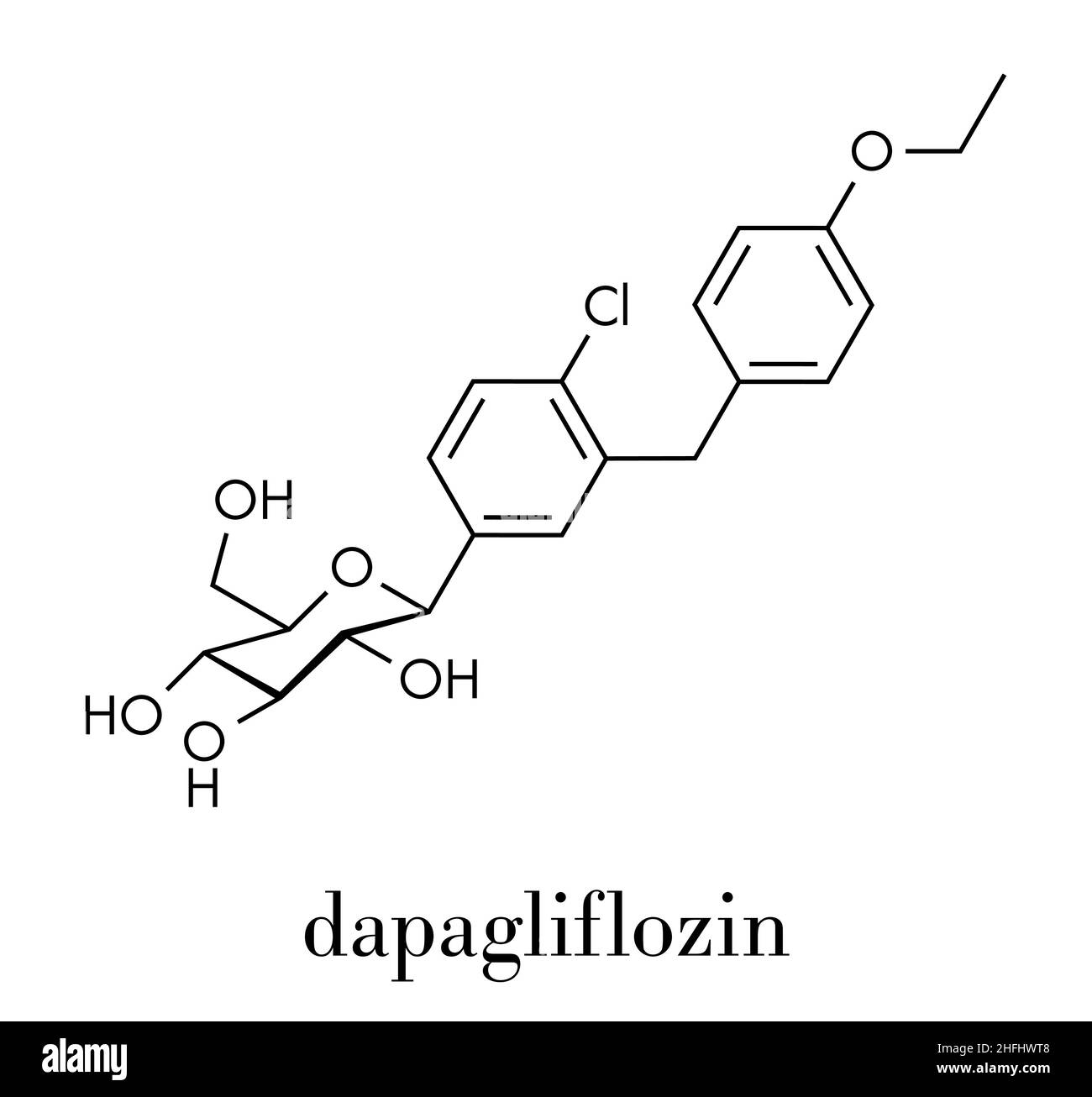 Dapagliflozin diabetes drug molecule. Inhibitor of sodium-glucose transport proteins subtype 2 (SGLT2). Skeletal formula. Stock Vector