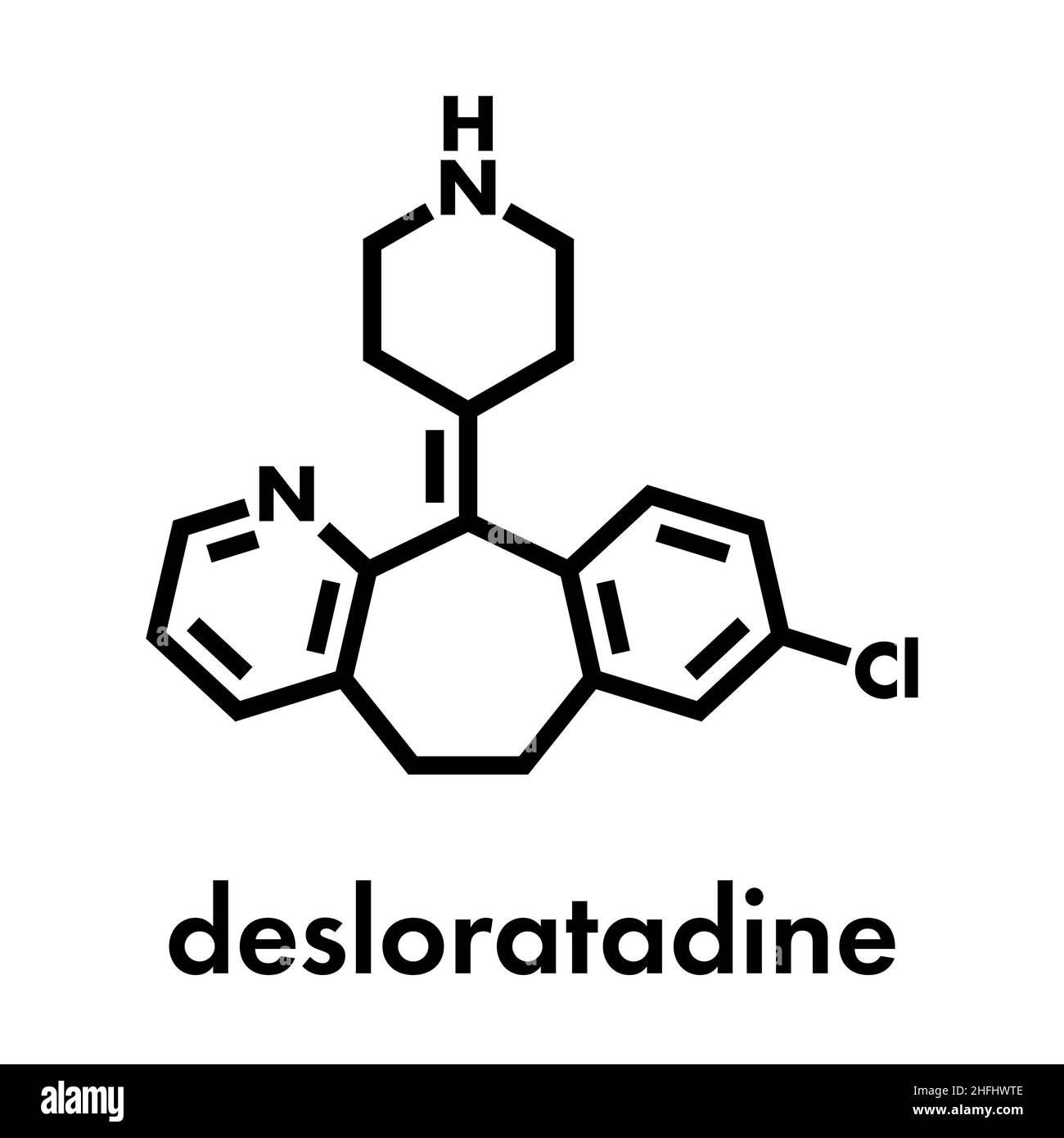 Desloratadine antihistamine drug molecule. Used to treat hay fever, urticaria and allergies. Skeletal formula. Stock Vector