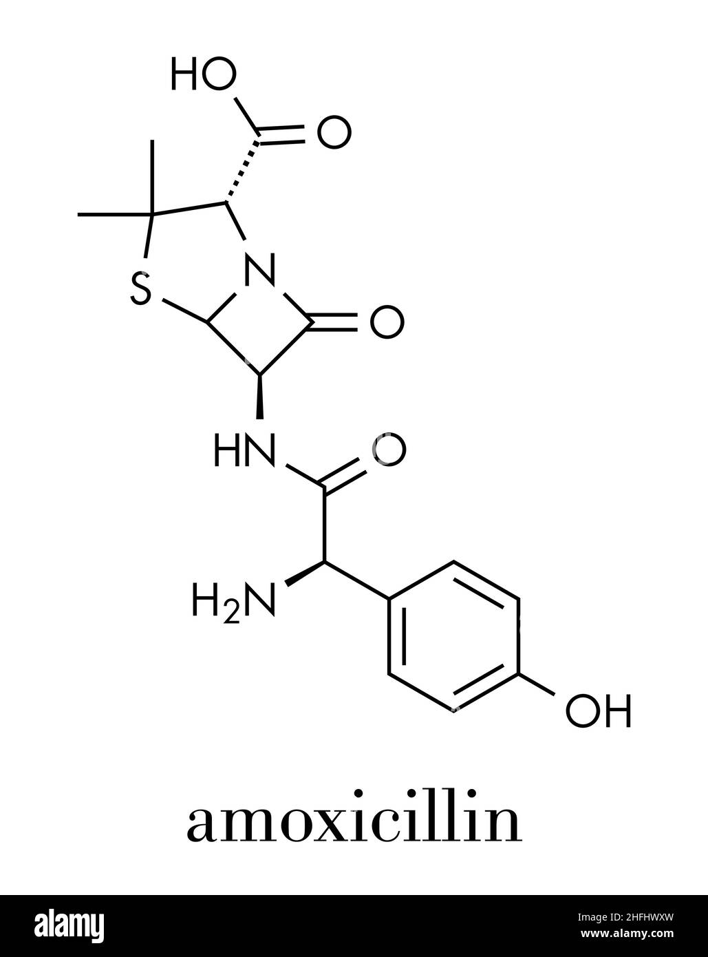 Amoxicillin betalactam antibiotic drug molecule. Skeletal formula